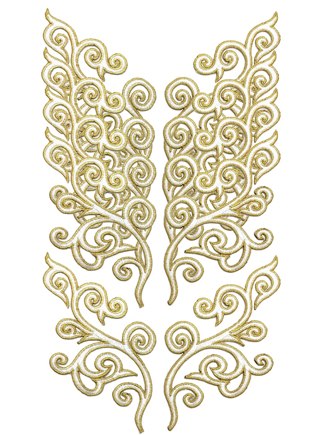 5 Pairs Embroidered Fancy Baroque Applique Swirl Iron on Patches Scroll Badge with Gold Trimming for Wedding Gown Dress Shoe Shirt Borders (White)