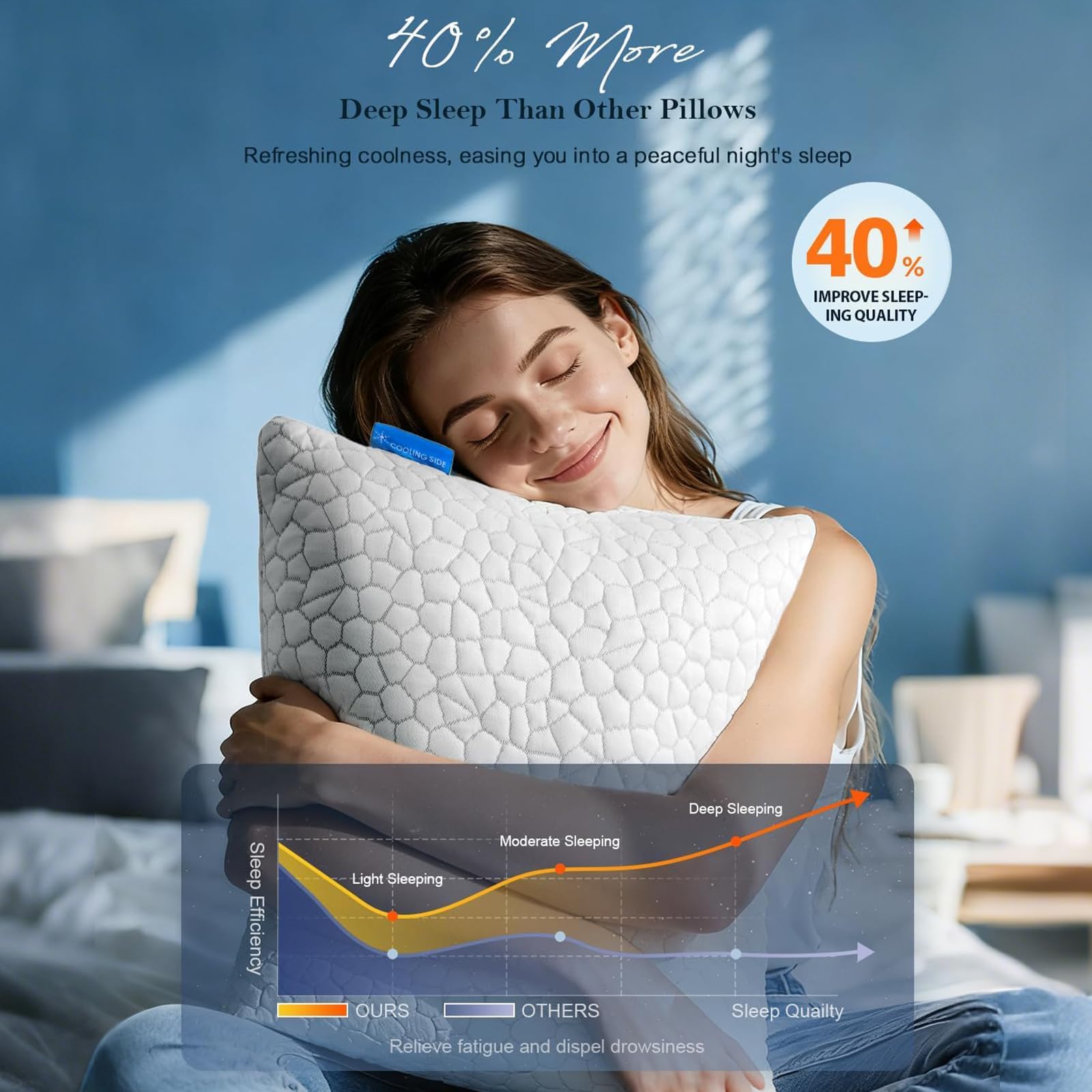 Kühlkissen zum Schlafen, Kissen aus zerkleinertem Memory-Schaum, Queen-Size, 1er-Pack, Bettkissen für Seiten-, Rücken- und Bauchschläfer, anpassbare Kühlkissen für Menschen, die im Schlaf leicht schwi