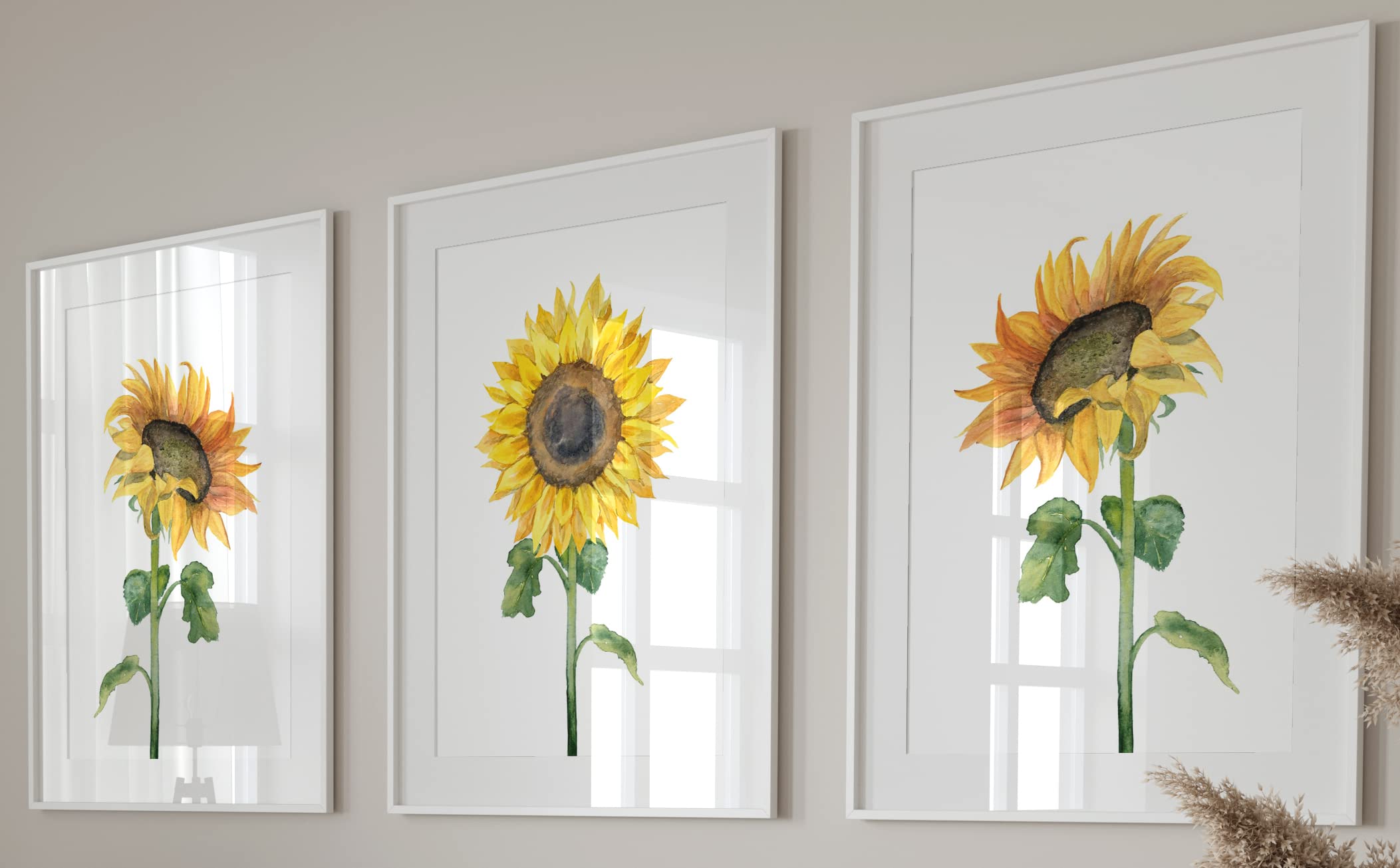 Sunflowers Wall Art Set of 3 Unframed Prints, Plant Home Decor, Living Room Bedroom Poster Home Decor, Green and Yellow (12x16)