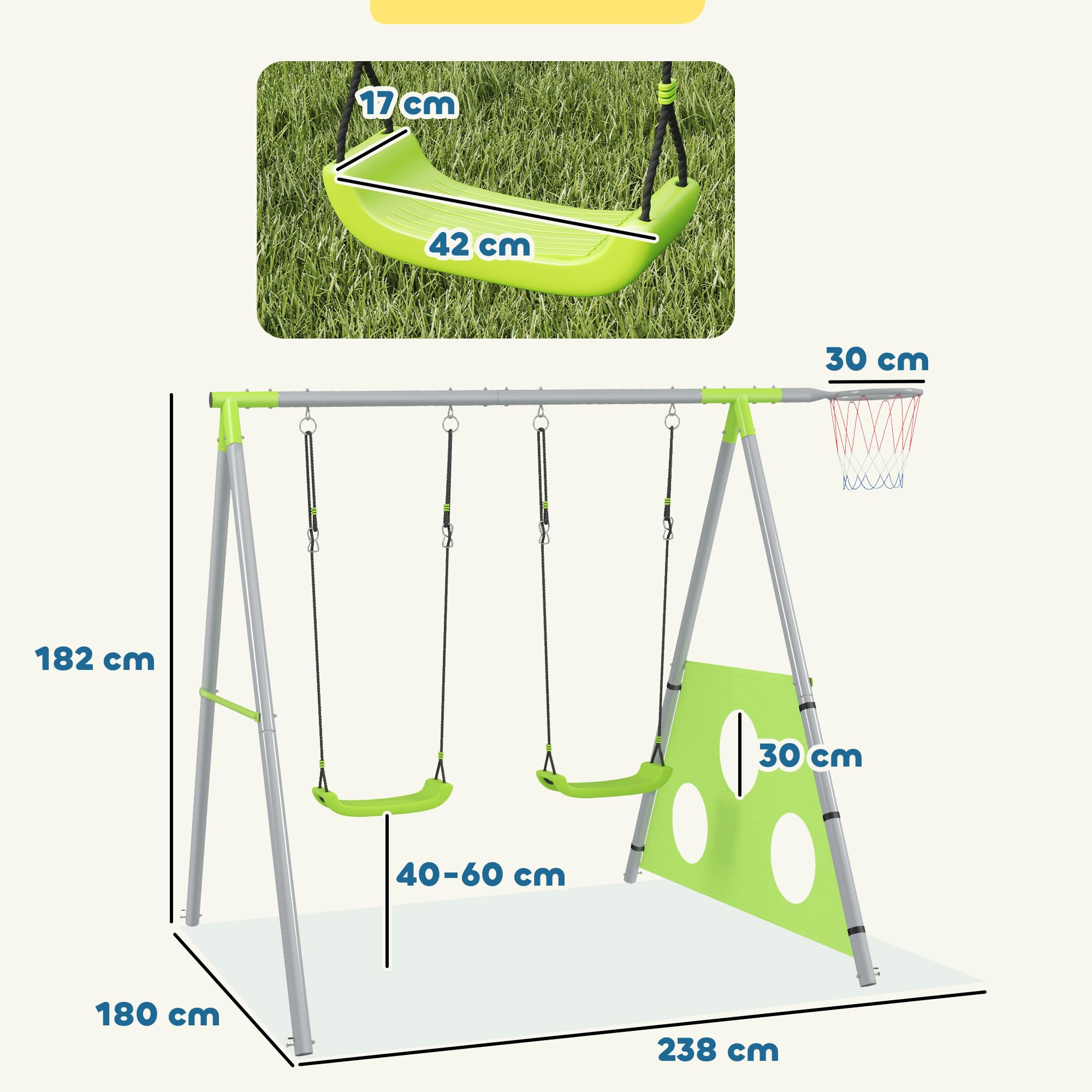 AIYAPLAY Set Altalena da Giardino per Bambini 3 in 1 con Altalena per Bambini, Canestro da Basket e Porta da Calcio, Gioco per Bambini 3-8 Anni con Telaio ad A in Metallo per Uso Esterno, Carico 90kg