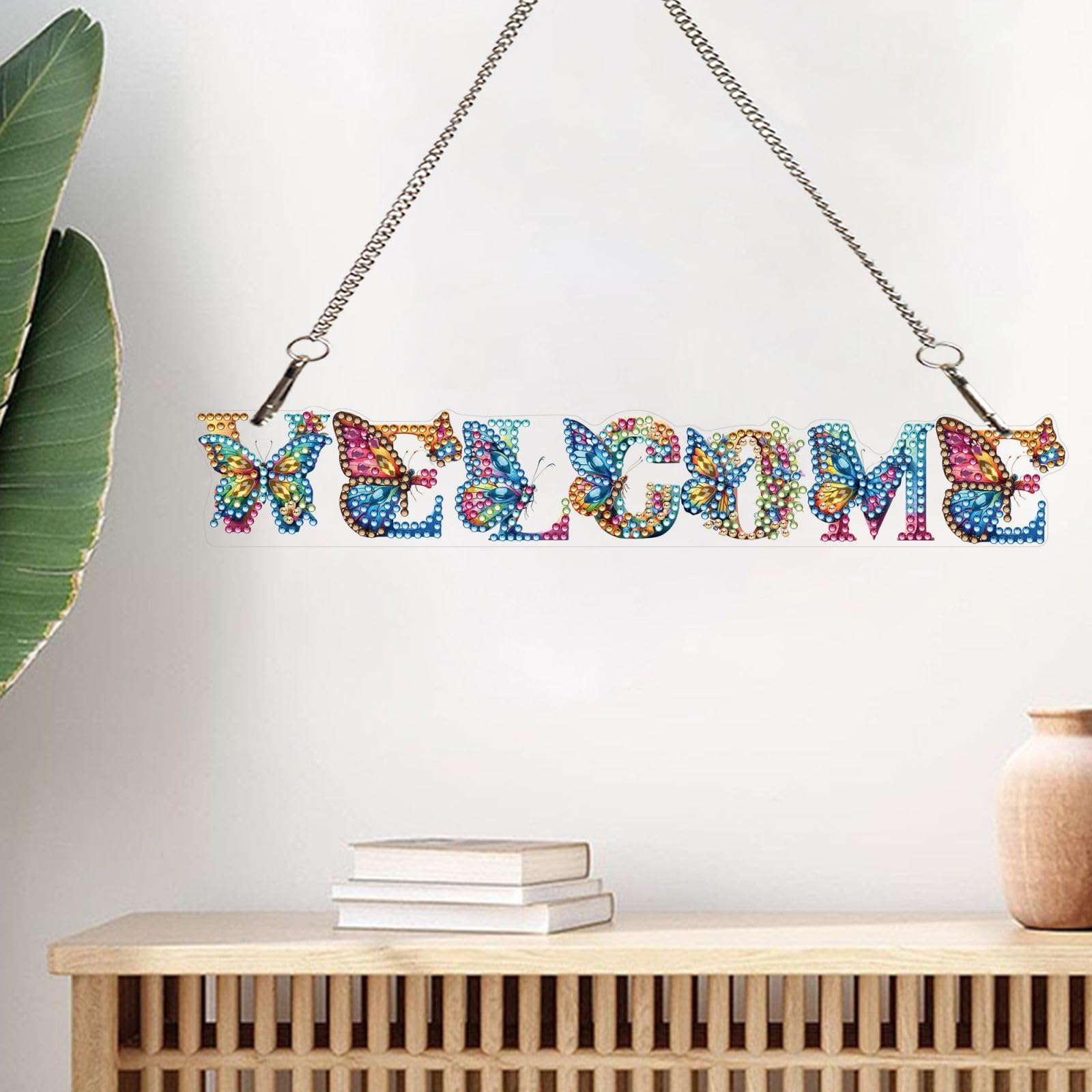 DIY Butterfly Diamond Art Hanging Ornament - Special Diamond Gem Art Kit, Colourful Wall/Window Pendant Ornament for Home and Garden Decor, Gifts for Adults-Welcome