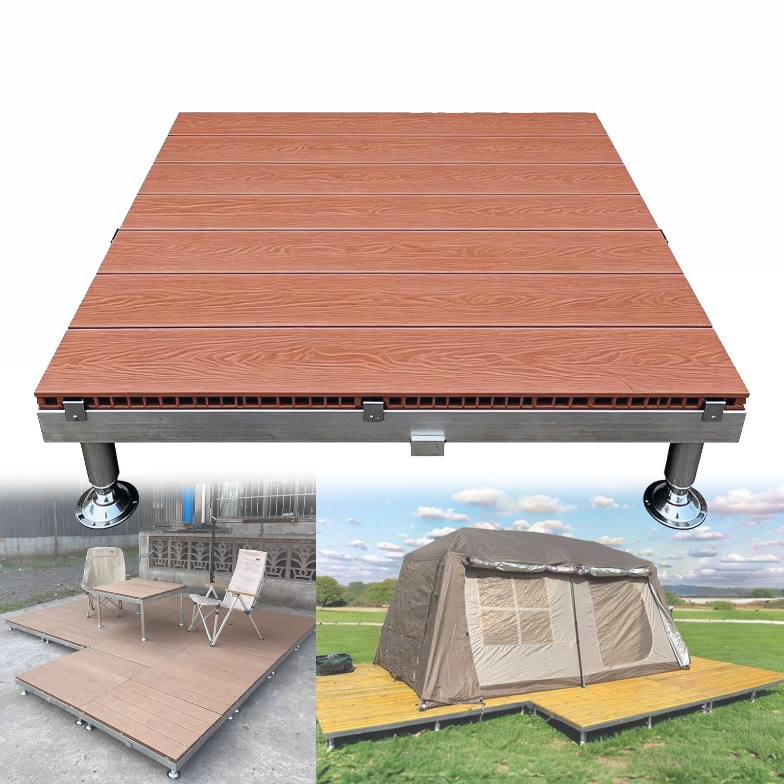 Pedana Rialzata Modulare In WPC 84cm Piastrelle Per Terrazze Impermeabile | Piattaforma Rialzata Campeggio Esterno Con Piedini Altezza Regolabili,Pavimento Giardino Effetto Legno(Brown)
