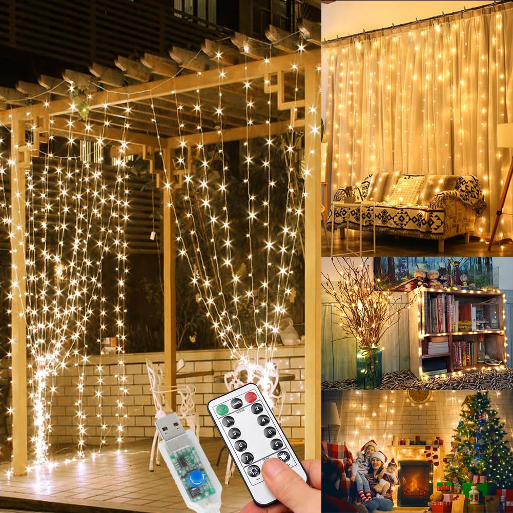 WEARXI Lichterkette, 3×3m 300 LED Lichtvorhang, 8 Modi LED Lichterkette Vorhang für Innen & Außen, Outdoor, Zimmer, Party, Balkon deko, Valentinstag Deko, Weihnachtsdeko(Warmweiß)