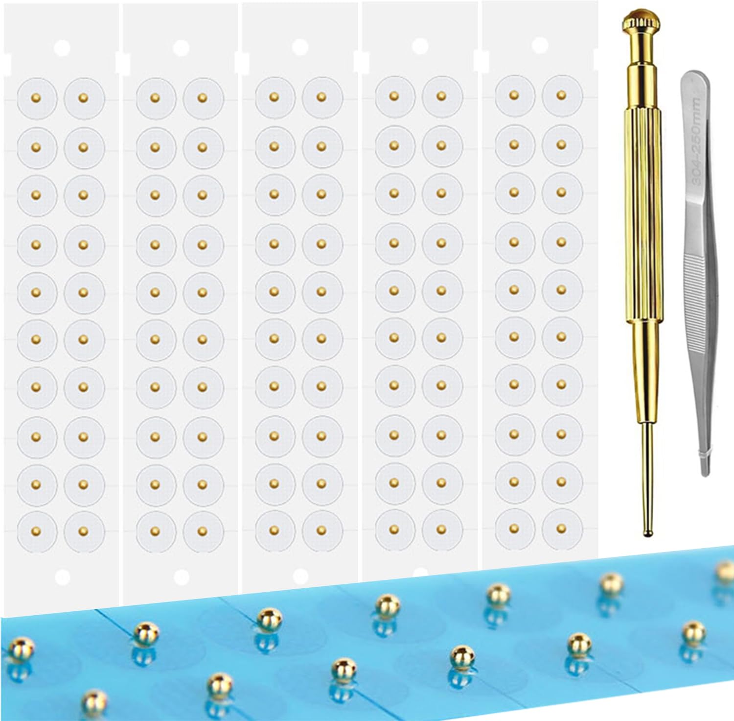 Ear Seeds Acupuncture Kit - 100 Pieces - Acupressure with Ears Seed, with Bonus Free Chart and Brass Acupressure Probe - for Balance & Wellness (Gold-100pcs)
