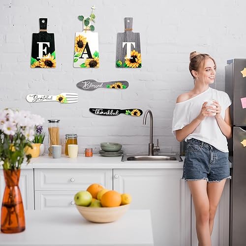 Miniatura 5 de Bucherry Juego de 6 placas de madera para colgar en la pared, diseño de girasol, letreros de comer, tenedor y cuchara, decoración de cocina y