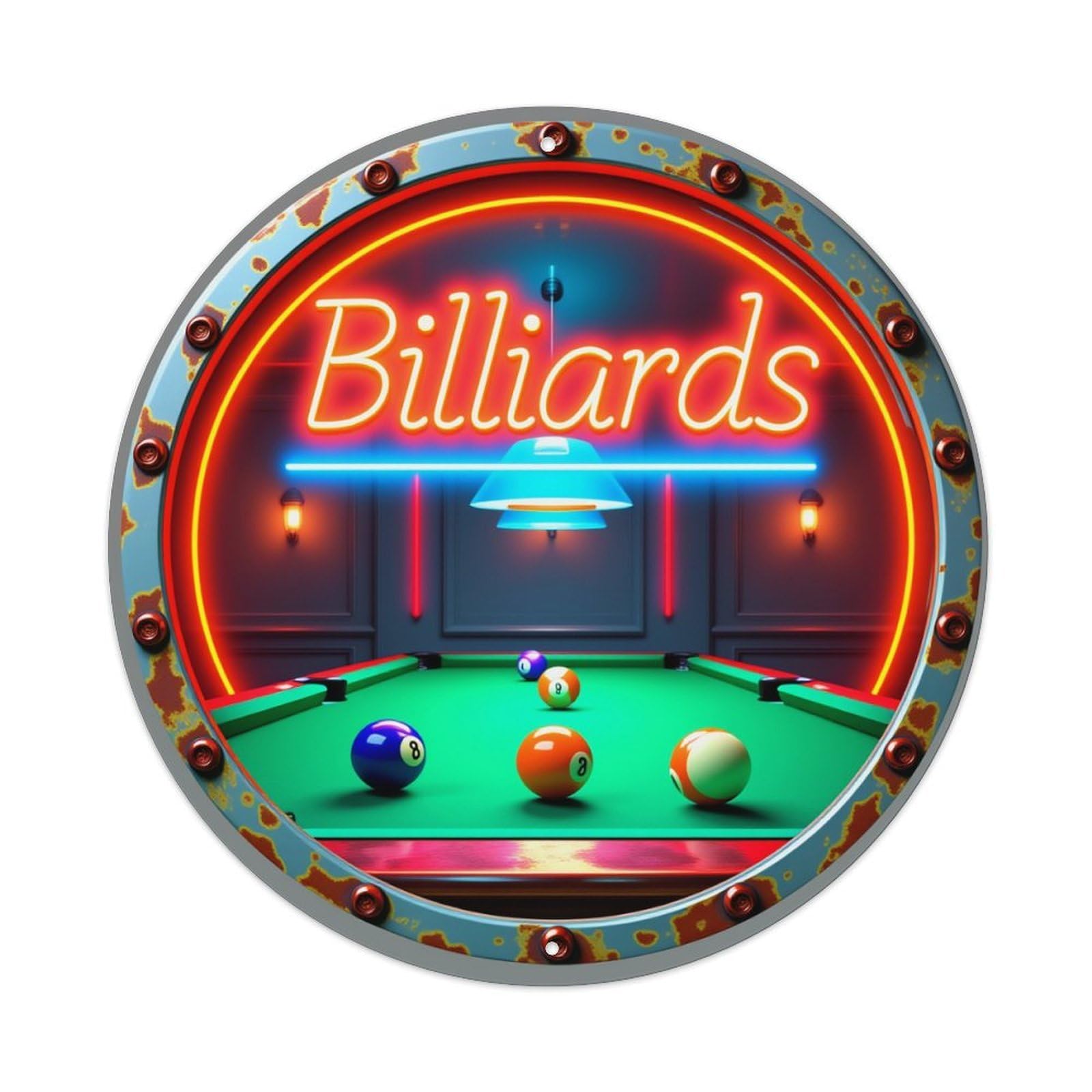 Neon Billiards Room Scene Art Round Tin Sign Vintage Metal Poster, Home Bar Garage Man Cave Cafe Indoor & Outdoor Wall Decoration 8x8Inches