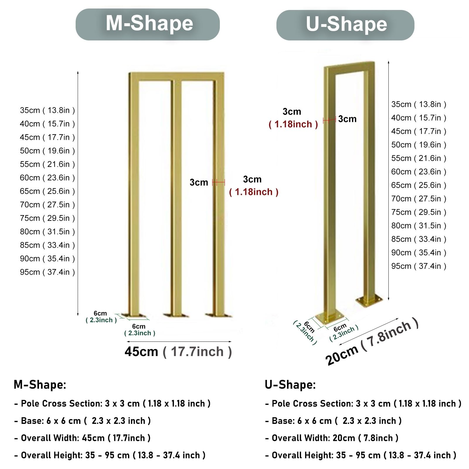 Balustres carrés dorés en Forme de U/M pour loft, Rampe d'escalier Industrielle en Fer, Colonne, Garde-Corps, barreaux intérieurs et extérieurs, Hauteur 85 cm