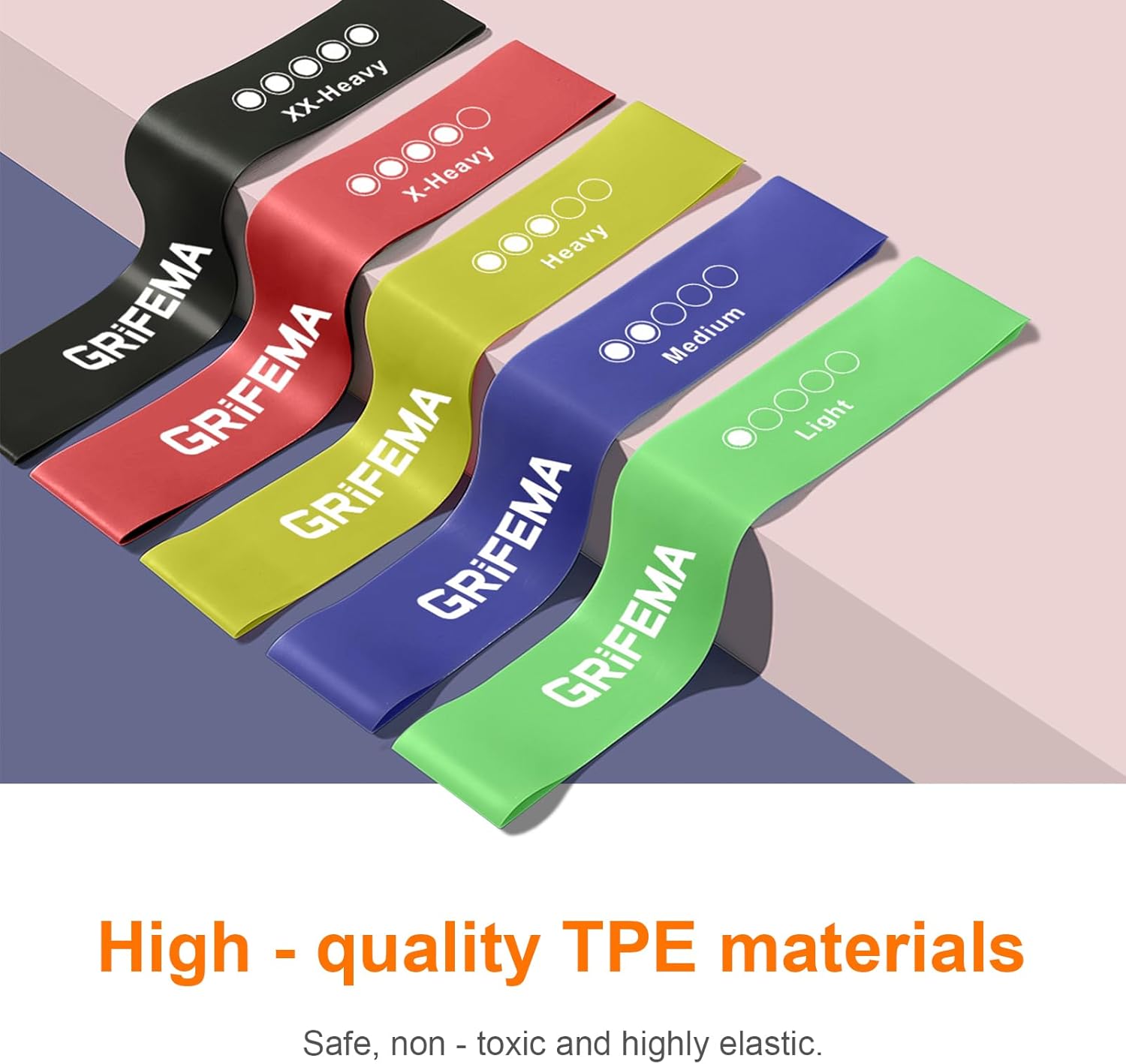 Close-up of GRIFEMA resistance bands highlighting high-quality TPE materials