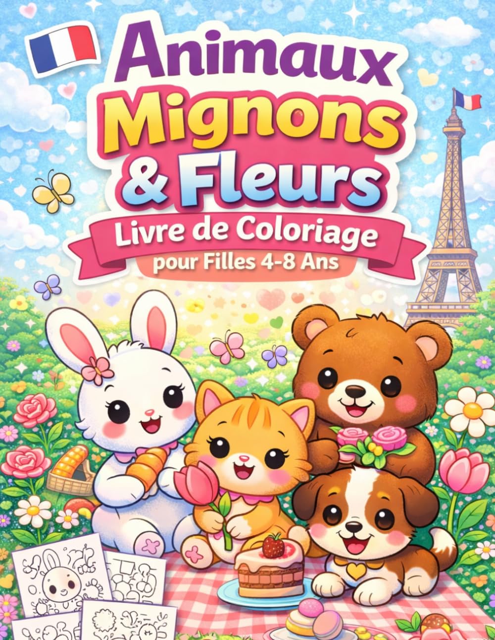 Animaux Mignons & Fleurs – Livre de Coloriage pour Filles de 4 à 8 Ans: Cahier d’activités créatives avec animaux adorables, jolies fleurs, labyrinthes et jeux simples pour enfants