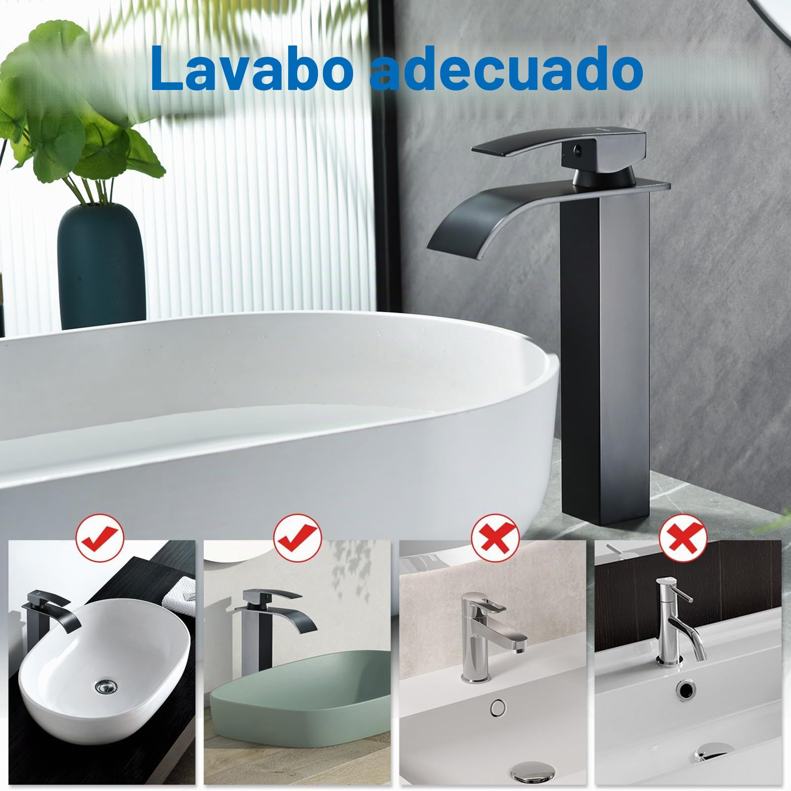 Grifo Lavabo Alto Negro de Baño, Apto Para Lavabos de Pie | Grifo monomando de baño con chorro en cascada, regulación de agua fría y caliente, altura de la salida de agua: 20cm