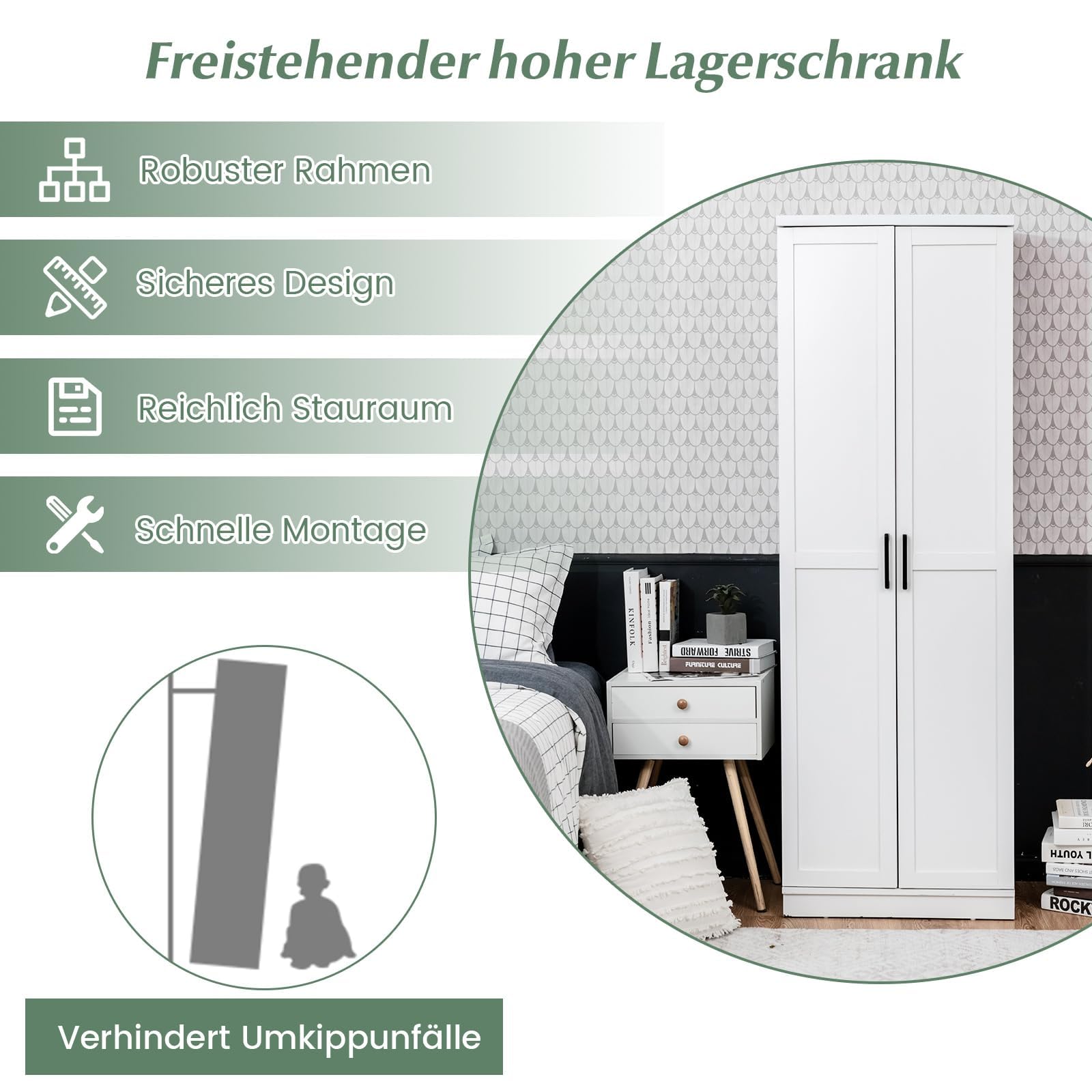 COSTWAY 5 stöckiger Hochschrank, freistehender Vorratsschrank mit 2 Türen & verstellbaren Regalen, Aufbewahrungsschrank Mehrzweckschrank mit Kippsicherung für Schlafzimmer, Küche, Wäscherei (Weiß)