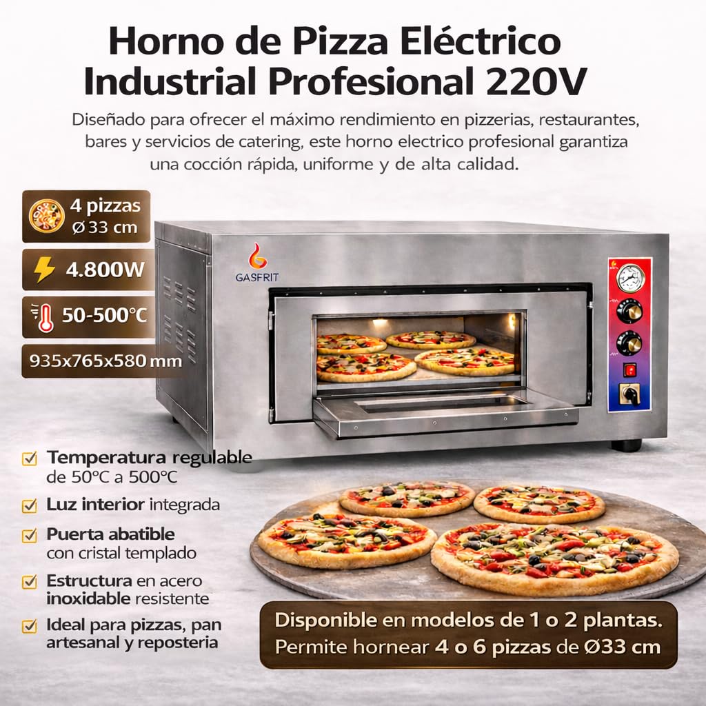 Horno de Pizza Eléctrico Industrial Profesional 220V – 4 o 6 Pizzas Ø33 cm – 1 o 2 Plantas – Piedra Refractaria – 50-500°C – 4.800W / 8.400W / 9.600W – Uso Profesional