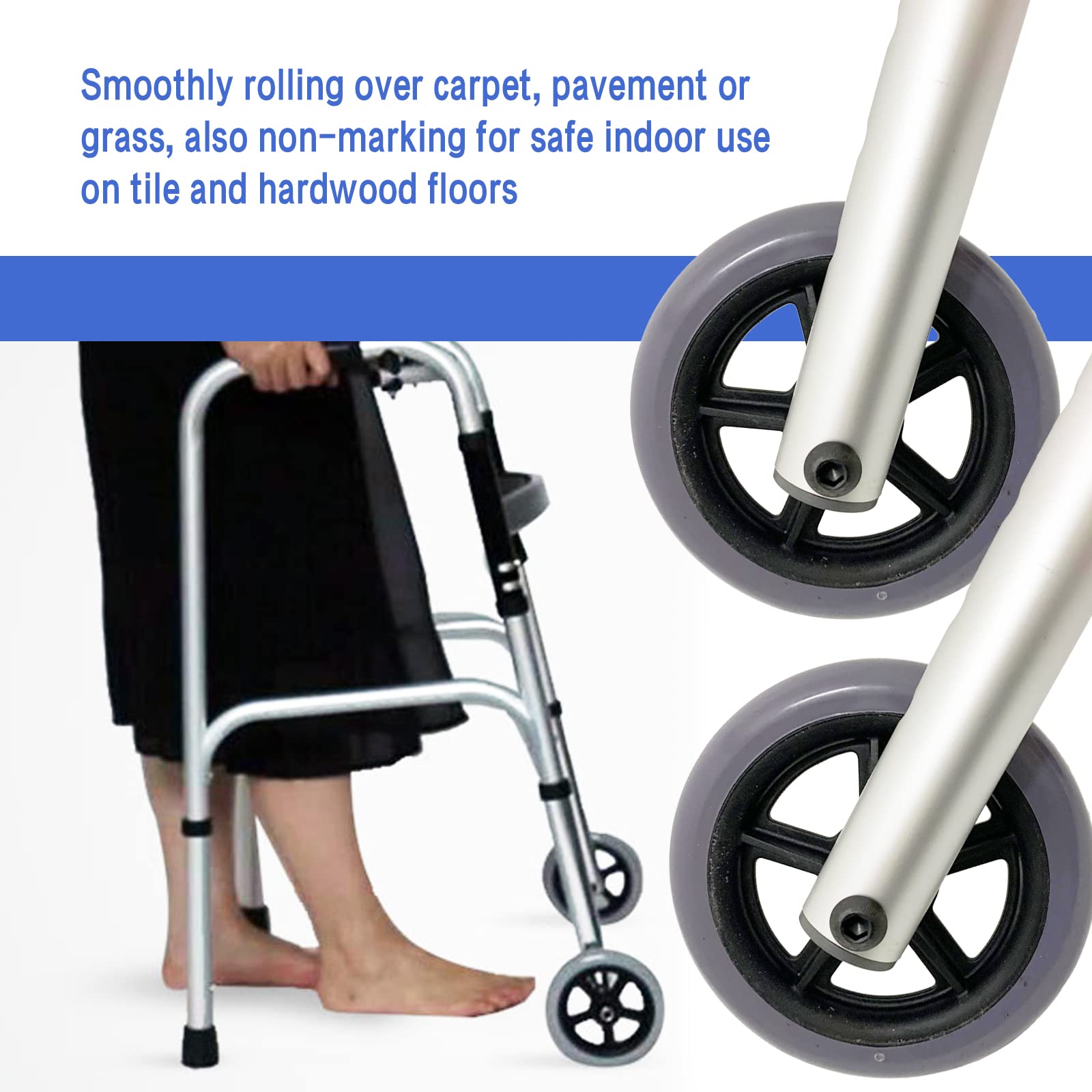 Walker Wheels - Pie de repuesto universal para andador médico plegable, juego de piezas de accesorios, ruedas de 5 pulgadas