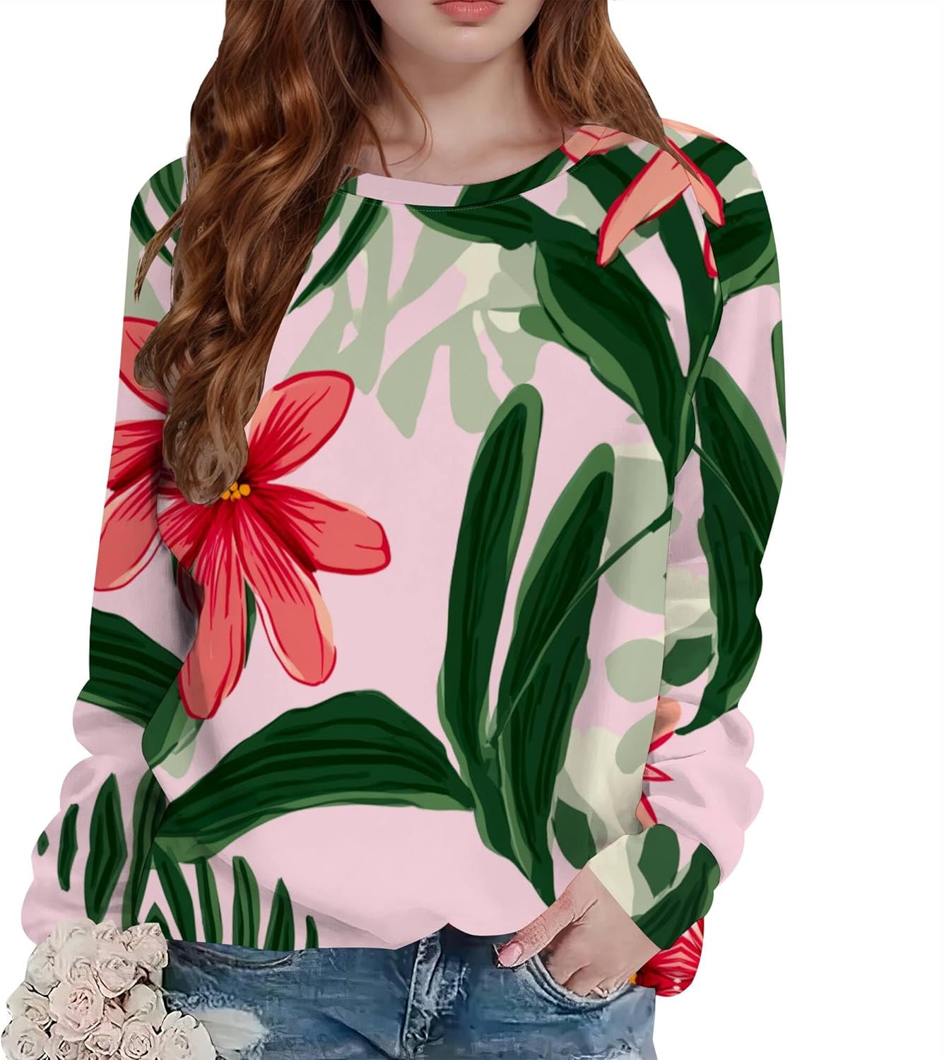 Retro Flower Print Sweatshirts for Women Crewneck Long Sleeve Elegant Tunic Tops Loose Pullover Sweatshirts Outfits