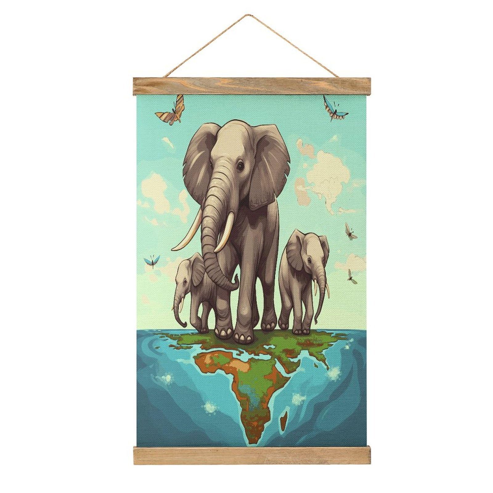JTREHY Elephants Linen Hanging Painting Vintage Poster Wall Art Prints Personality Style Wall Hanging Poster for Living Room Office Bedroom Decor Frame 13.2 X 20.47 Inch