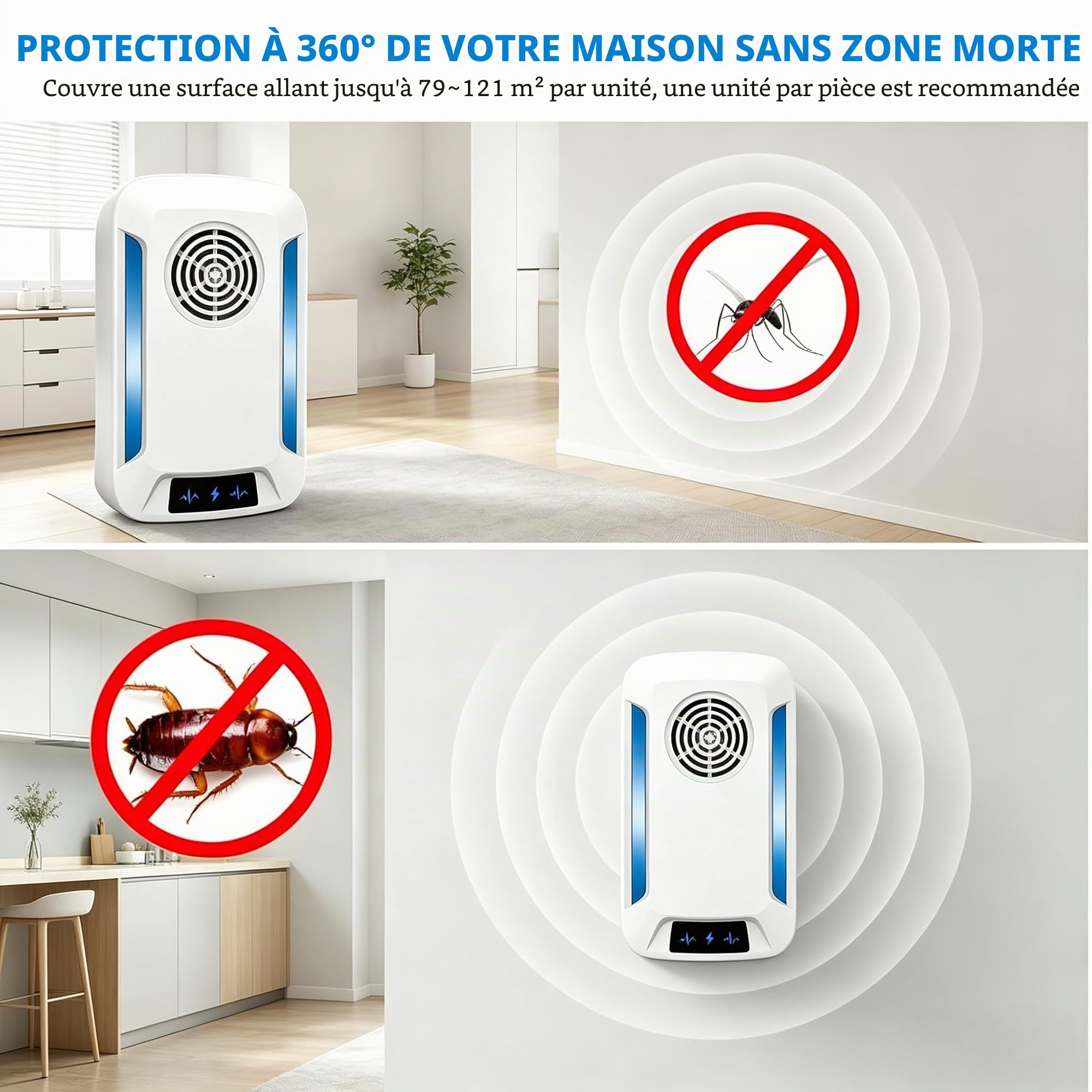 Ultrason Anti Moustique, 2 Pack Répulsif Ultrason Anti-Rongeurs Insectes, Intérieur Répulsif Efficace - Plug & Play, Fonctionnement Silencieux pour Chambre à Coucher, Salon et Bureau-100% Inoffensif