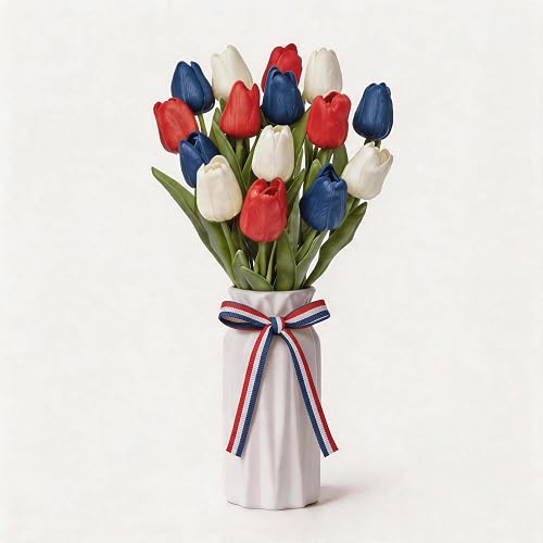 Artificial Tulip Flower Arrangement in Ceramic Vase with Rustic Heart Charm, 15 PCS PU Real Touch Faux Floral Table Centerpiece for Home, Dining Table, Wedding Décor, Red White and Blue
