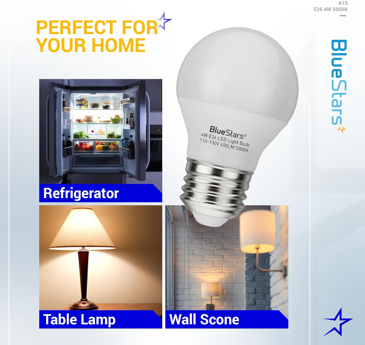 BlueStars A15 E26 LED Refrigerator Light Bulb 4W (40 Watt Equivalent) Medium Base Non-Dimmable 400lm 120V Appliance Bulb, 5000K Daylight, Waterproof for Fridge Freezer Kitchen Bathroom - Pack of 2