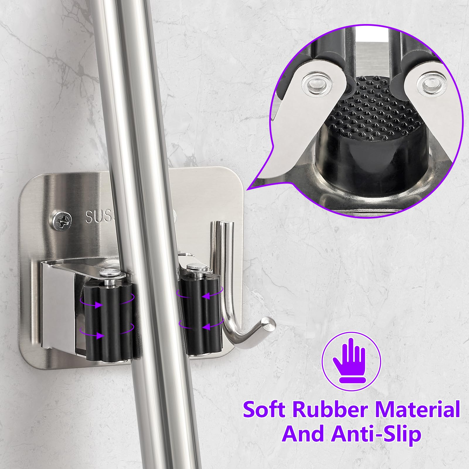 Soporte para escoba de montaje en pared, resistente acero inoxidable para fregona perforado, perfecto para organizador de lavandería, cocina, garaje, jardín 3