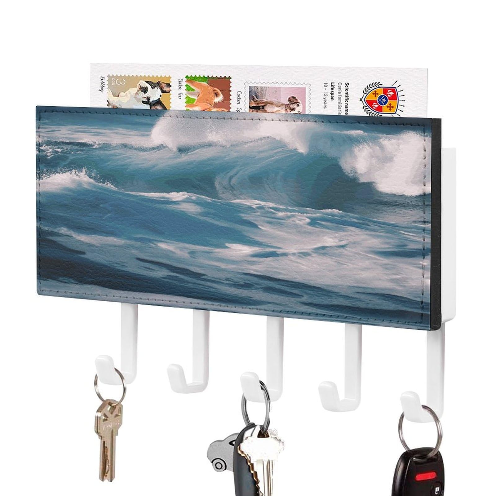 FekiLoot Ocean Waves Key Holder Wall Mount Key and Mail Holder Key Hanger with 5 Hooks Decorative PU Key Rack Hanging Key Hooks for Wall Living Room Kitchen Bathroom Hallway White-Style
