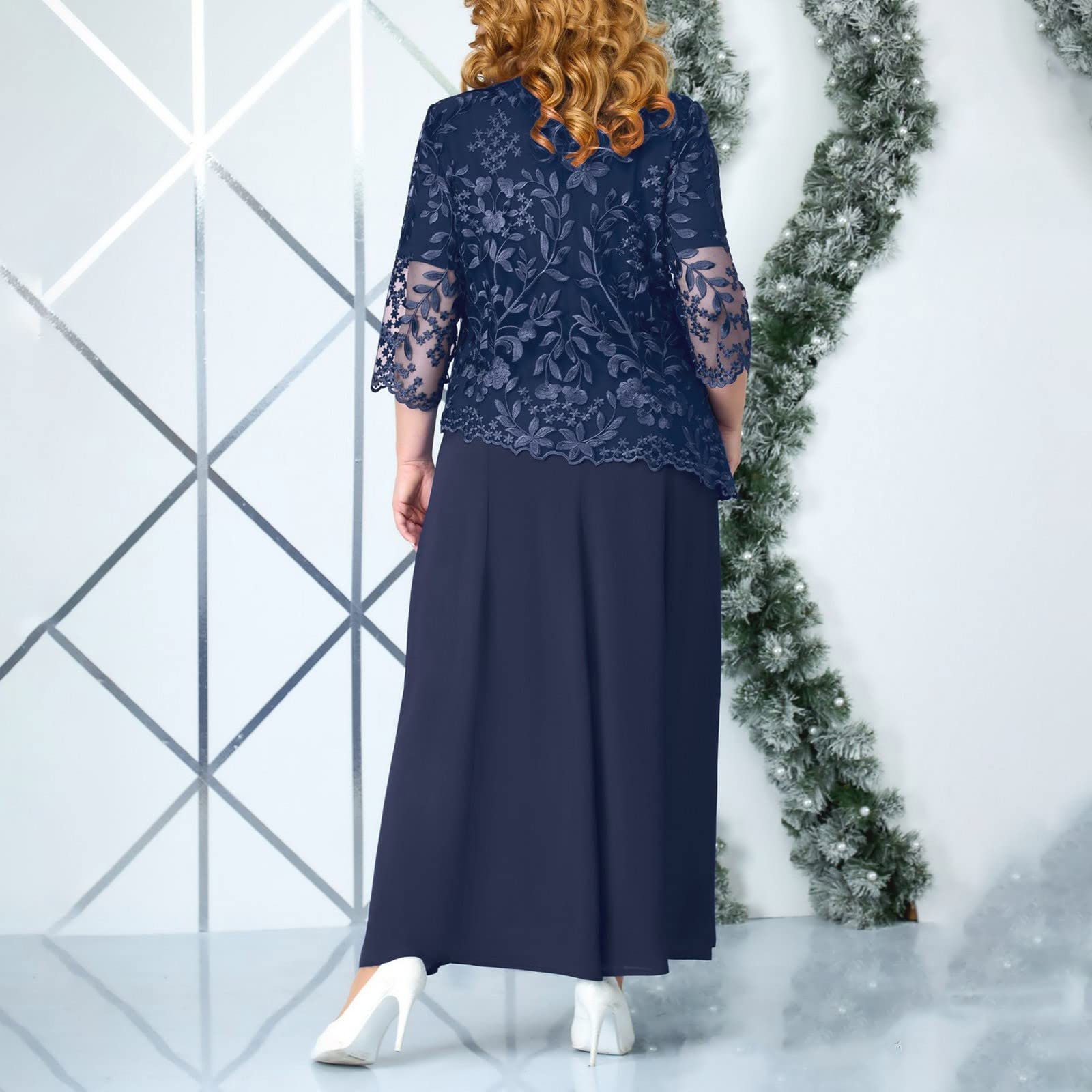 FUPODD Abendkleider Elegant Für Hochzeit Spitzenkleid Mit Lochstickerei Kleid Hochzeitsgast Brautmutterkleider Große Größen Lang Abendkleid Frauen Spitze Chiffon Cocktailkleid Festliche Kleider Maxi