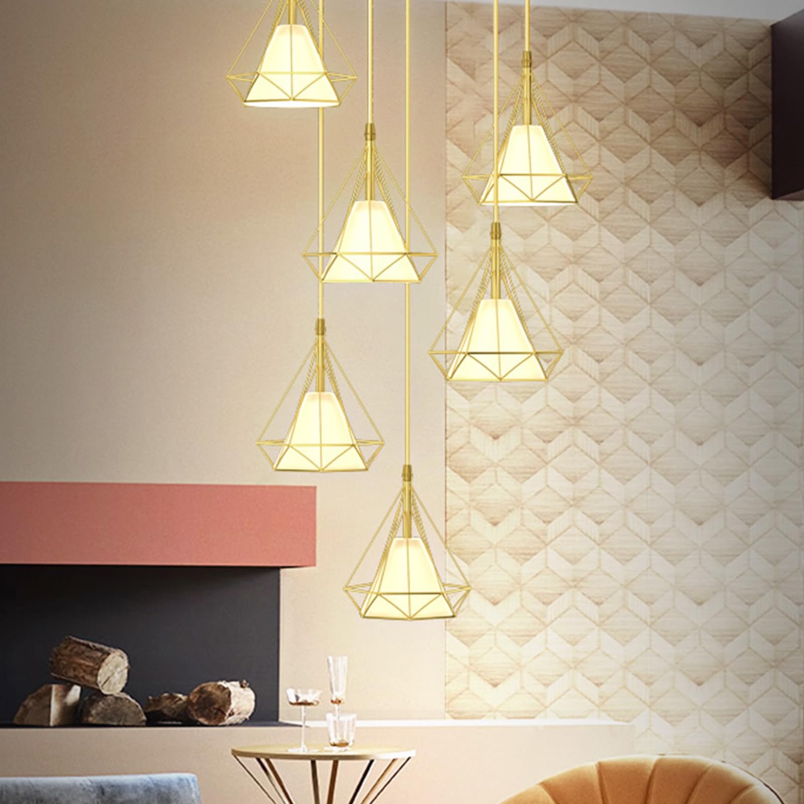 HYJAUSXB 6-Head Creative Diamond Staircase Chandelier Nordic Modern Minimalist Loft Duplex Pendant Light Stairway Hanging Lamp Stairwell Decorative Lighting Fixture E27,Gold