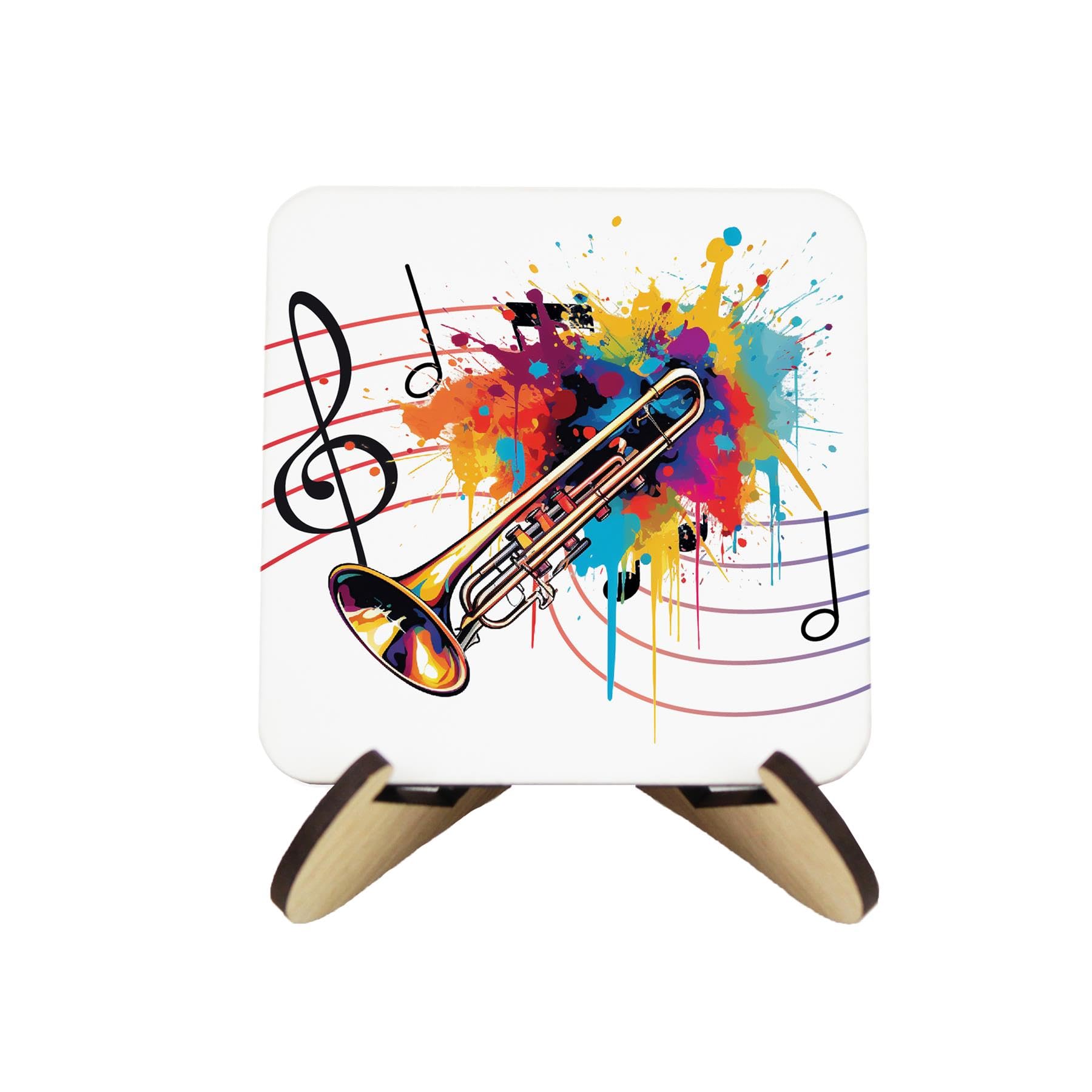Trombone Cork Coaster Set - Colourful Abstract Instrument Gifts for Musicians - Set of Four (4) Square Drinks Coasters & Wood-Effect Stand