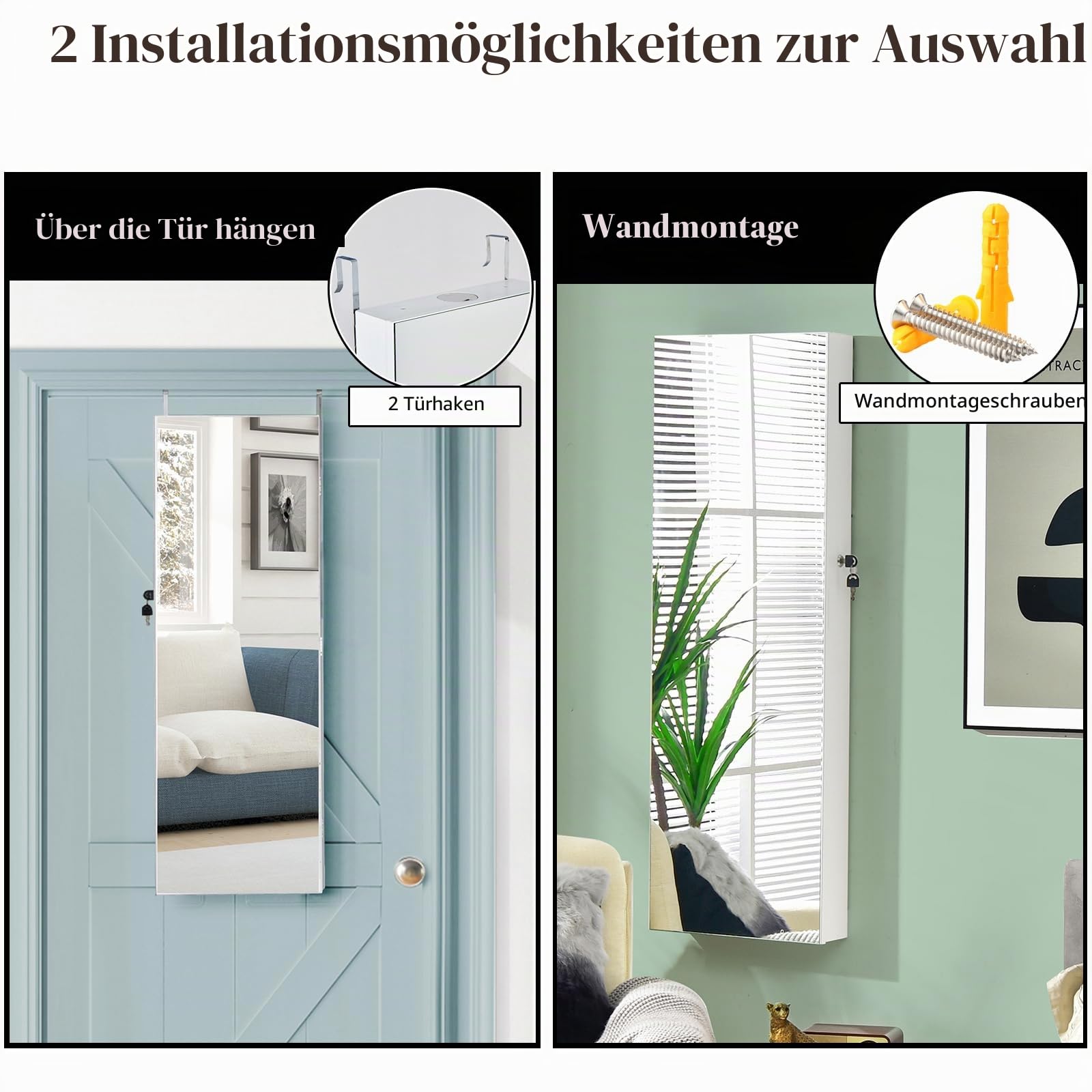 HOMASIS Schmuckschrank mit LEDs & Ganzkörperspiegel, abschließbarer Schmuckregal mit 2 Schubladen & 24 Haken zum Aufhängen für Tür & Wand, Spiegelschrank aus Holz für Schmuck, Ketten, Ohrringe, Weiß