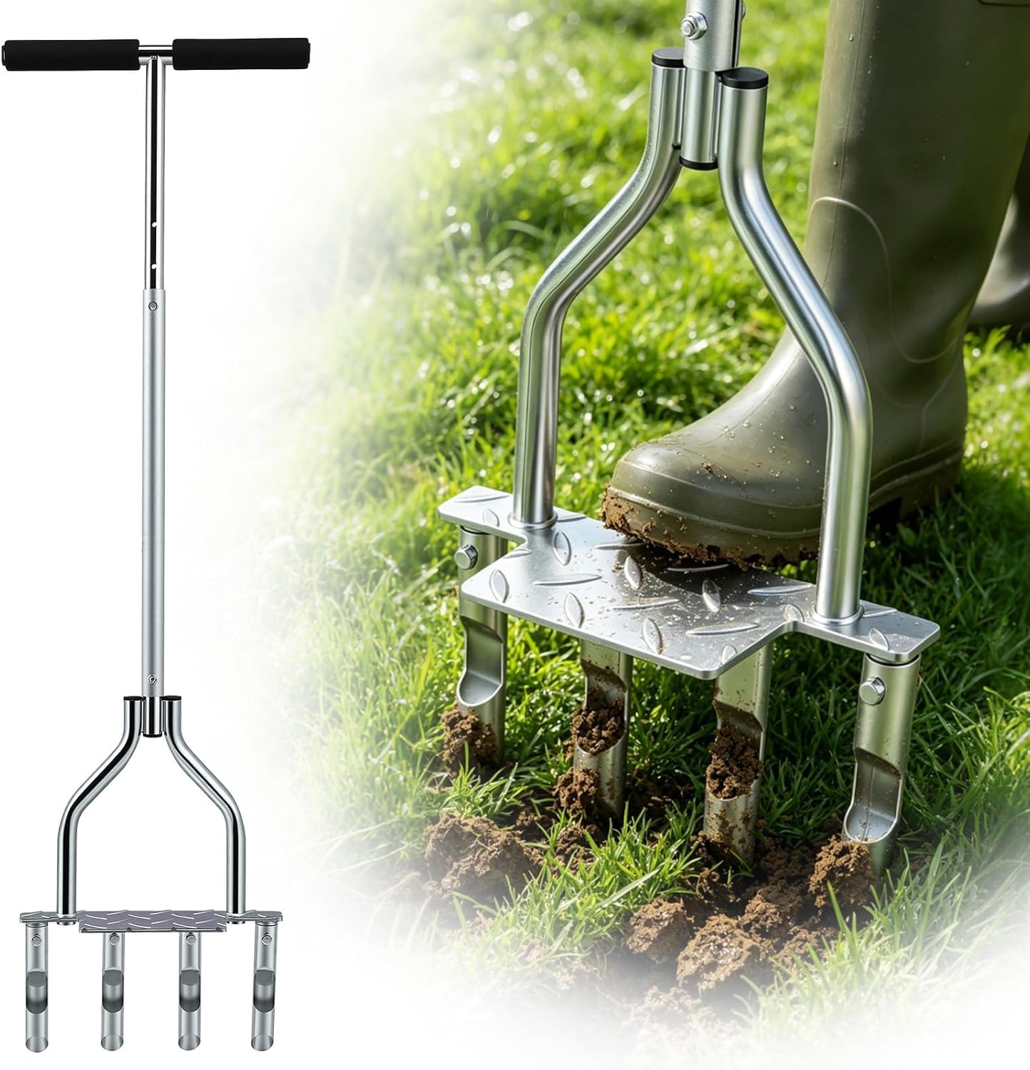 Aerifizierer für Rasen, 4 Zinken Rasenlüfter Aerifizierer, 4 Kern Zinken Gras Manuelle Rasen Hohlspoon Belüfter mit Rutschfestem Griff, Hohlzinken für Verdichtete Böden Hof Garten Werkzeug, Schwarz
