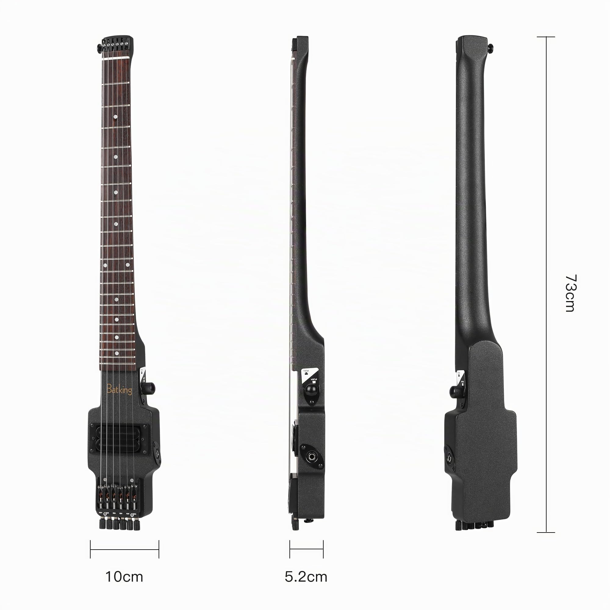 Batking Reise-E-Gitarre, kopflose Gitarre mit 6 Saiten, einteiliger kanadischer Ahornhals, durchgehendes Korpusdesign, Messing-Steg-Befestigung mit Gigbag