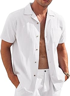 Mens Casual Cotton Linen Shirt Short Sleeve Button Up Shirts Summer Beach Top