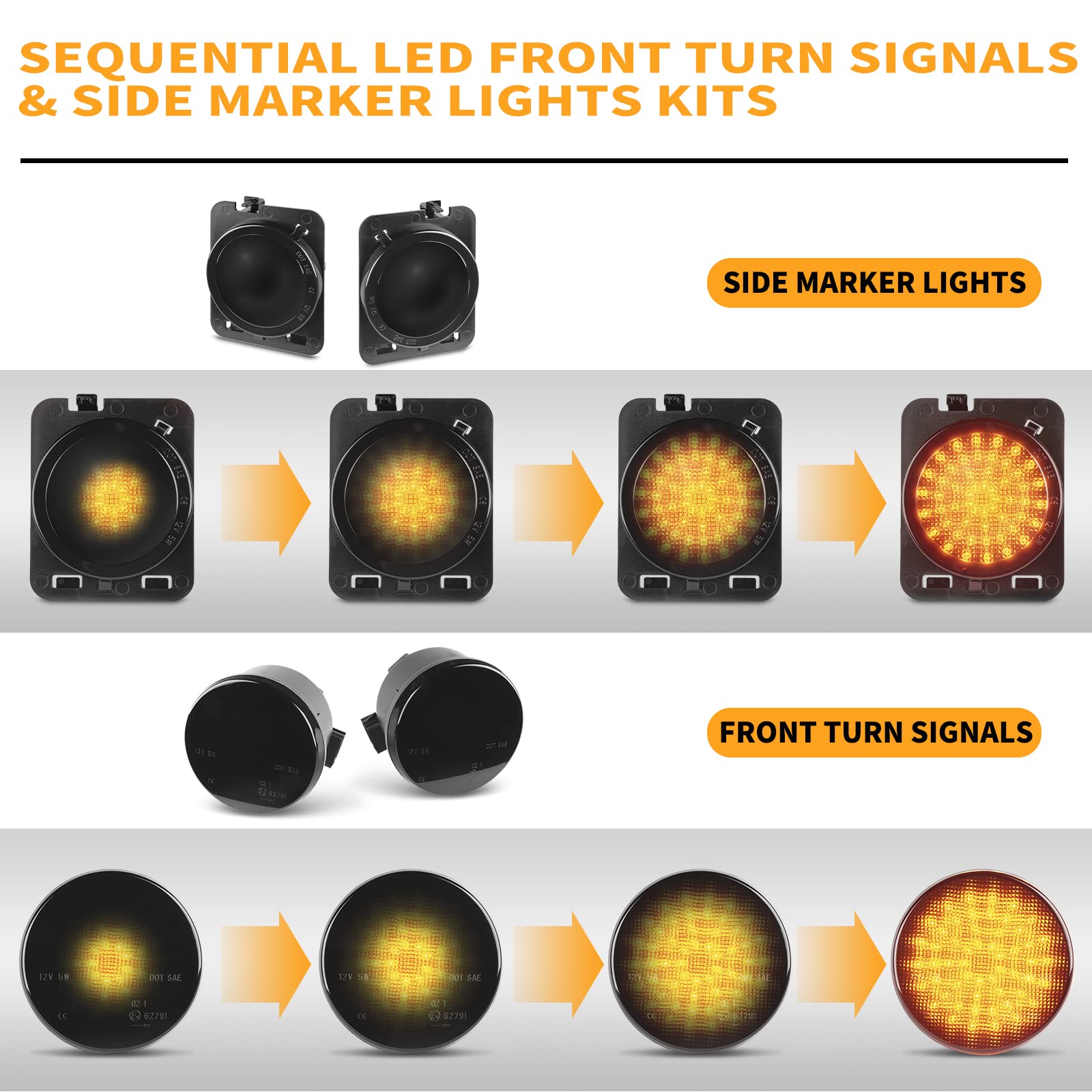 Gempro LED Sequential Turn Signals Side Marker Light Kits for Jeep Wrangler JK & Unlimited 2007-2018, Smoked Len 4PCS