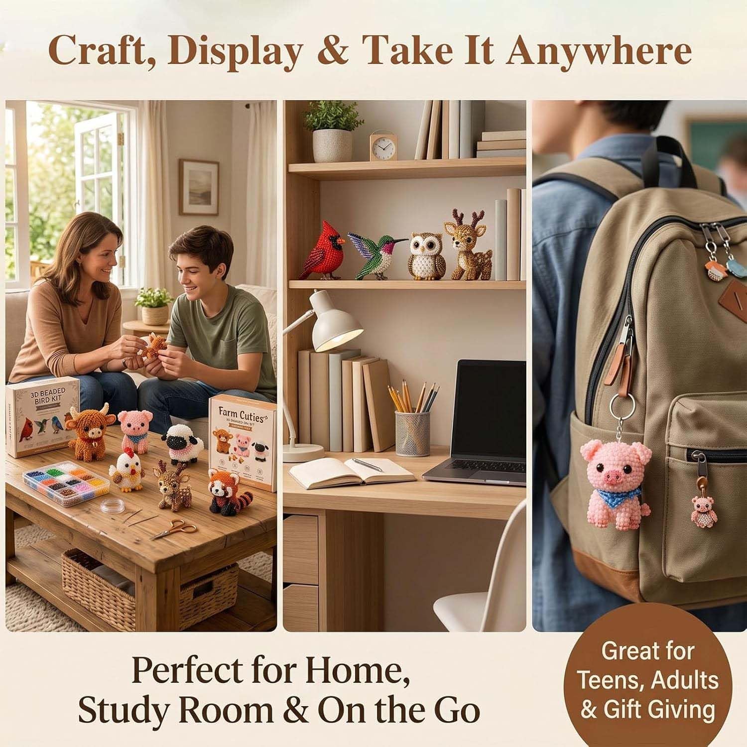 YUNFAN Tiny 3D Beaded Animal DIY Kit,Cute Bird & Animal Beading Craft Set, Handmade Creative Jewelry Art Craft Kit with Colorful Bead and Instructions,4 Cute Desig,for Adults,Beginners (Cat)