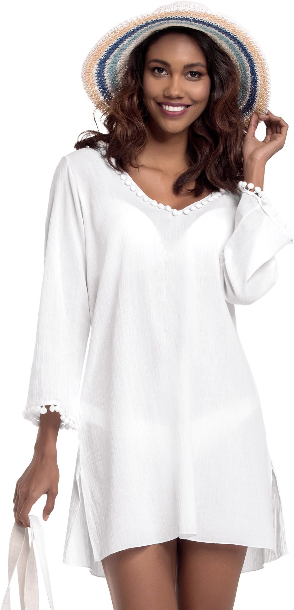 White by Nature Women's Long Sleeve Beach Tunic Hooded Cotton Cover-Up M