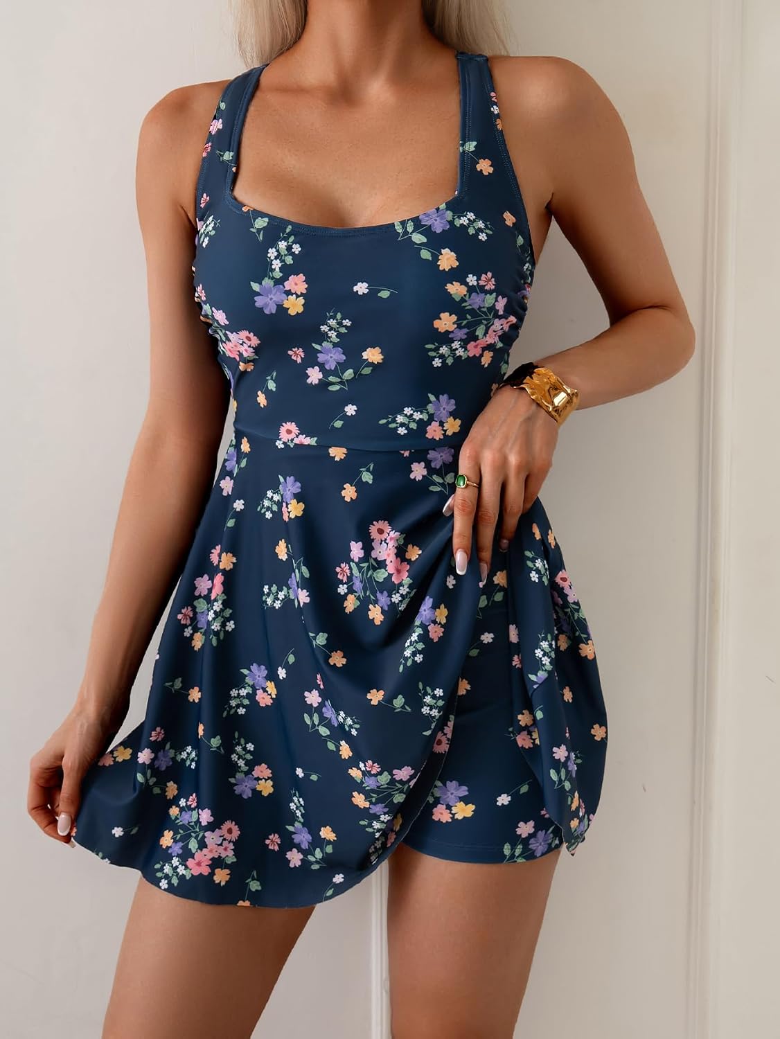 B2prity Women's One Piece Swimdress Swimsuit Tummy Control Swim Dress Modest Full Coverage Bathing Suit with Side Pocket