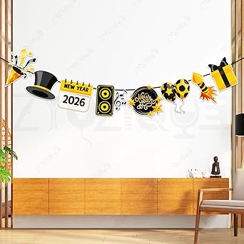Zyozique® New Year Party Decorations Paper Character Banner, Happy New Year Sign for New Years Party Supplies - Happy New Year Party Decorations, New Year Decorations Items