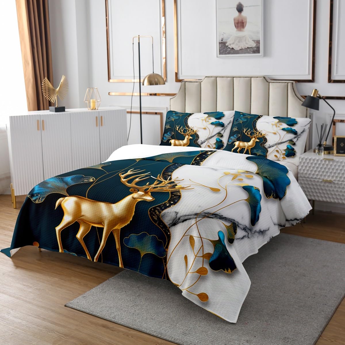 Manfei Kids Gold Deer Bedspread Queen Size, Ginkgo Leaves Print Coverlet Set 3pcs for Boys Teens Room Decor, Black White Marble Quilted Coverlet with 2 Pillowcases, Soft Polyester Bedding Quilt