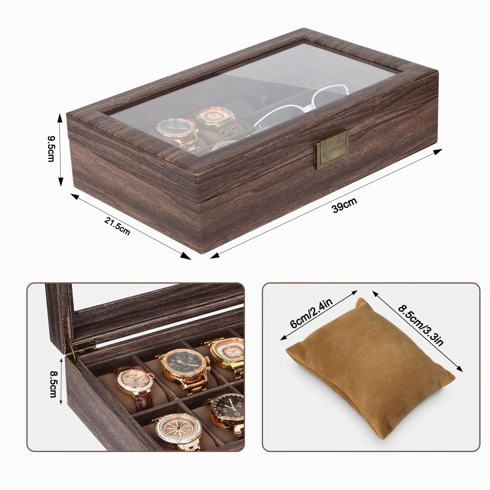 Bois Boîte à lunettes en Cuir Écrin Boîte Montres pour 6 montres et 3 pièces de Rangement lunettes de soleil (39 * 21.5 * 8.5cm)