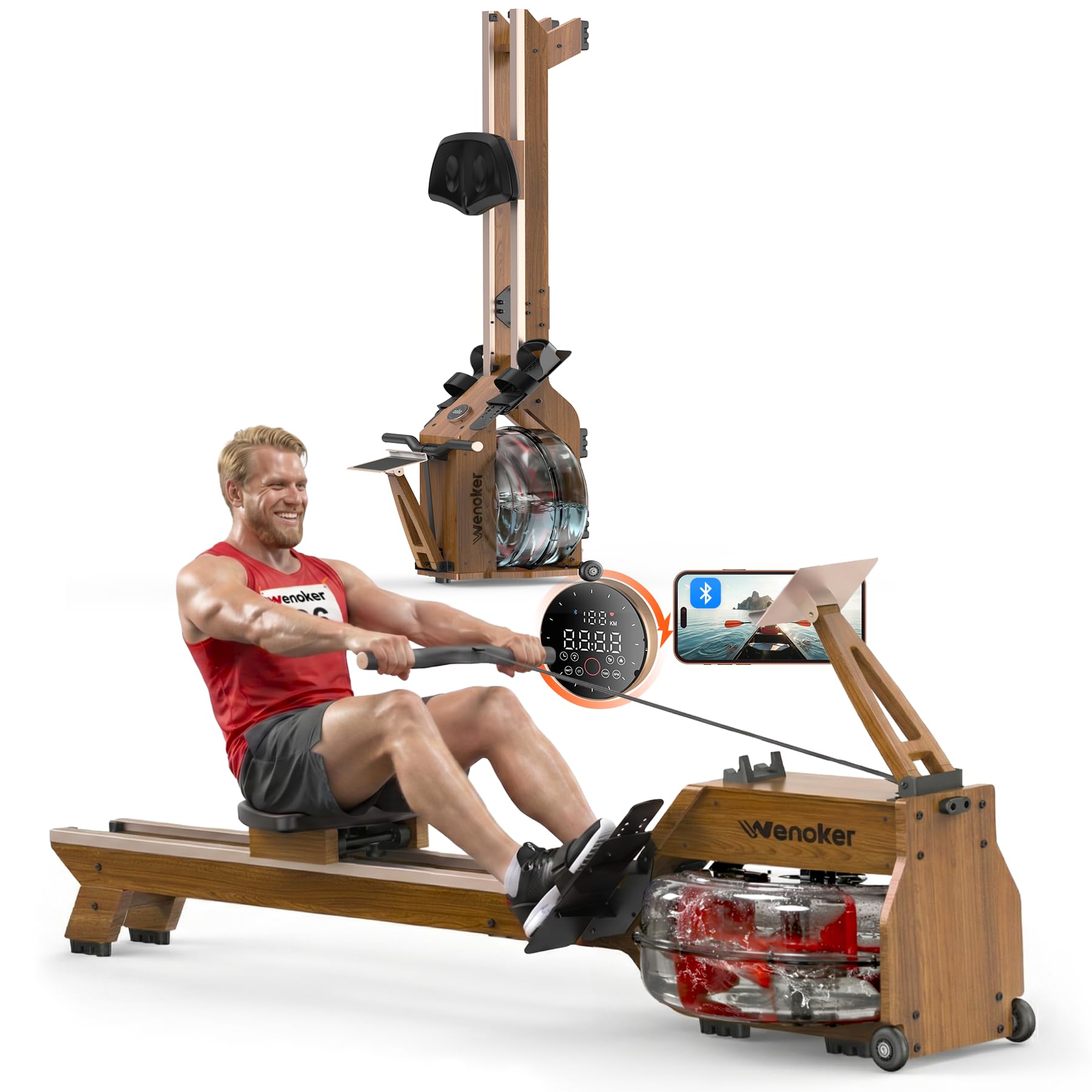 WENOKER Water Rowing Machines for Home Use, Water-Magnetic Dual Resistance Rower Machine with Smart Electronic Knob,Wooden Row Machine with Bluetooth App Compatible for Home Gym Exercise 400 LBS