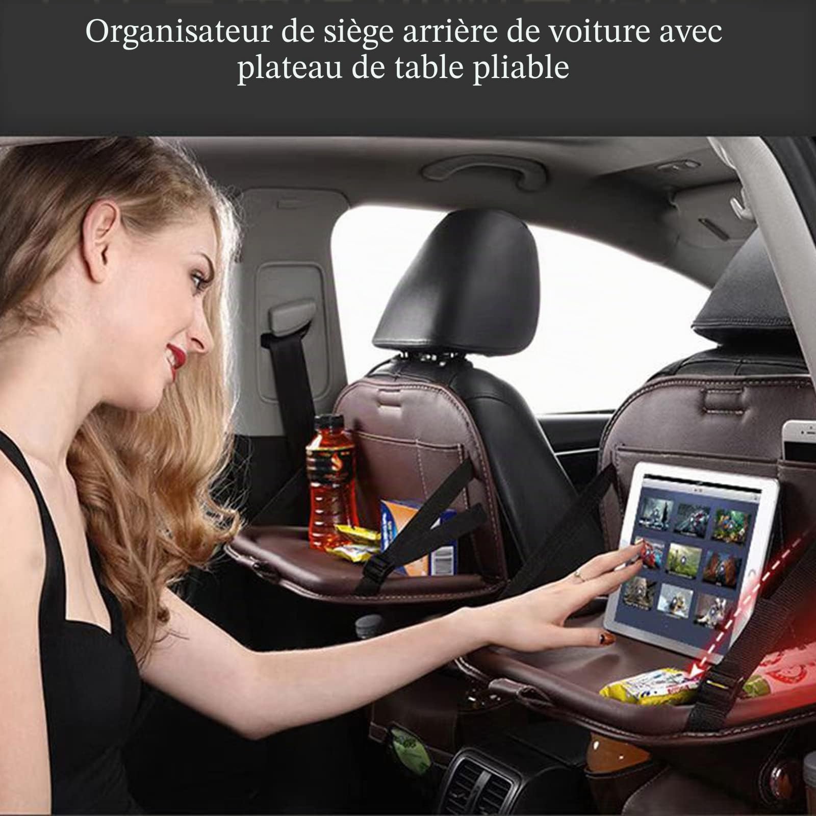 Organisateur de siège arrière en cuir PU de qualité supérieure avec table pliable, poches de rangement multiples et sangle à boucle réglable - Beige
