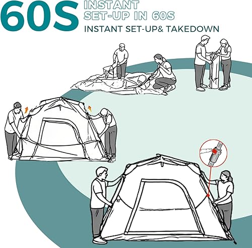 Miniatura 6 de Hewolf Tiendas de campaña para 3 a 4 personas para camping, tienda de campaña instantánea fácil de desplegar en 60 segundos para la familia,