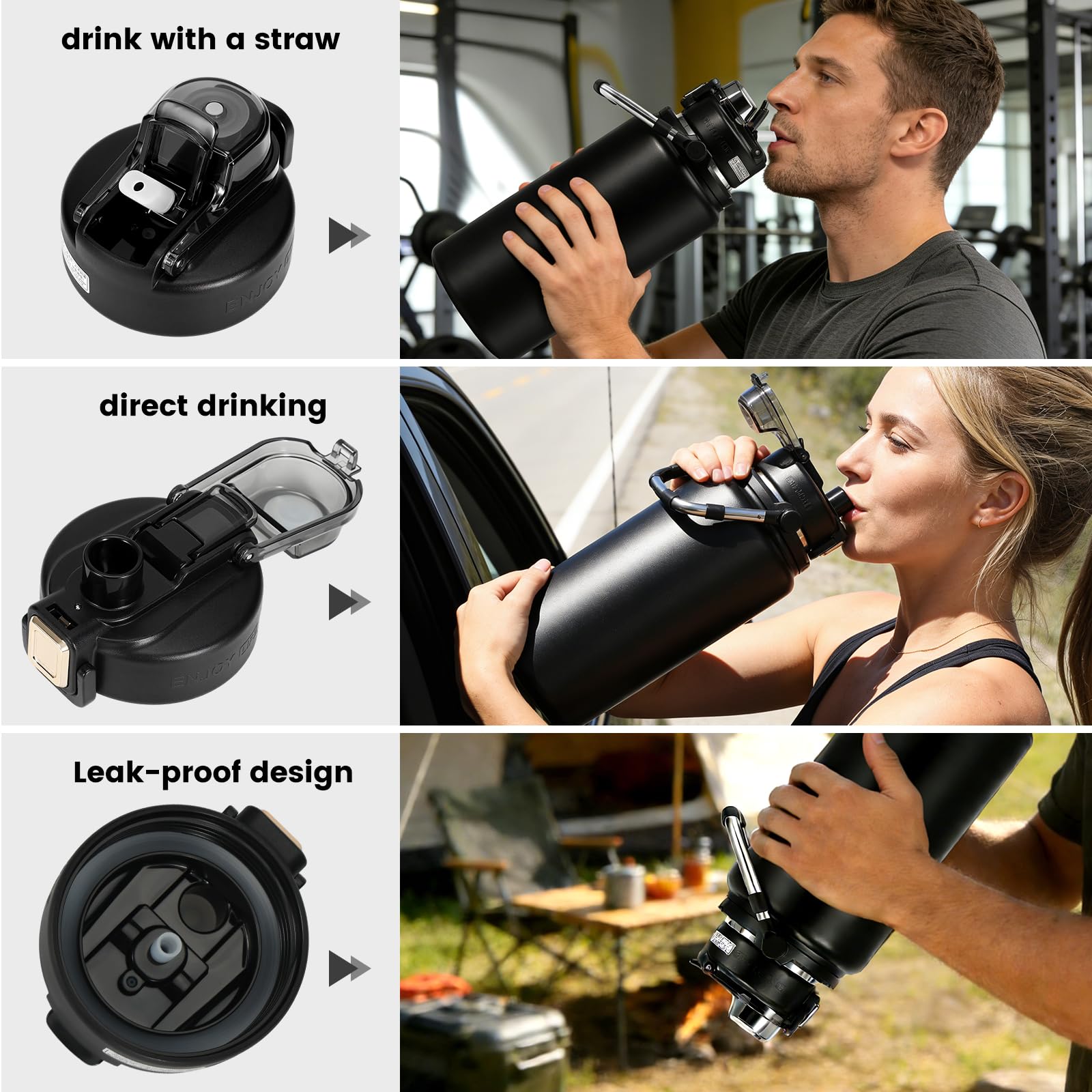 Borraccia termica da 2,5 l, grande brocca d'acqua in metallo con manico in acciaio inossidabile, a doppio strato, per sport, con cannuccia e beccuccio, per palestra, campeggio, attività