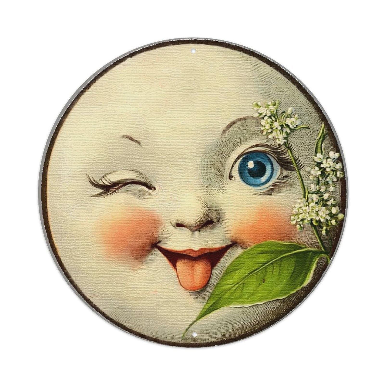 Whimsical Moon Face With Flowers Retro Metal Sign Round Tin Sign, Vintage Decor Art Poster for Bar, Home, Man Cave, Kitchen, Laundry Room Gift 8x8Inch