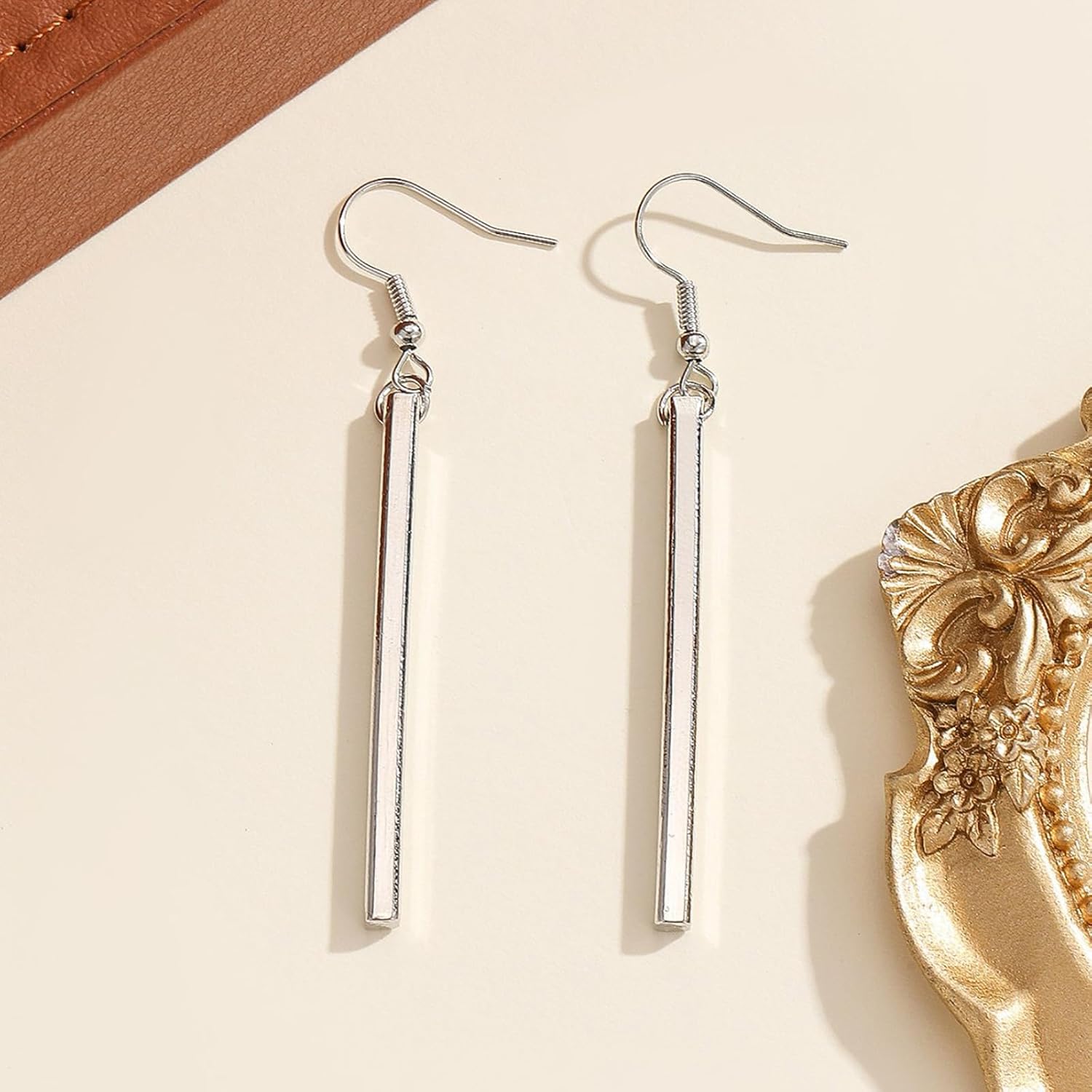 Minimalist White Gold Plated Vertical Bar Drop Earrings for Women - Elegant Everyday Jewelry - Image 3