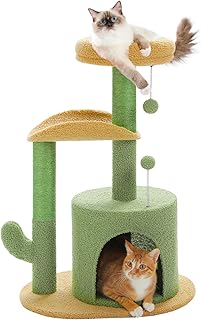 PETEPELA Cactus Cat Scratching Post Small 84 cm Modern Removable Top Bed Plush Cave 2 Sisal Columns 2 Play Balls Green product image