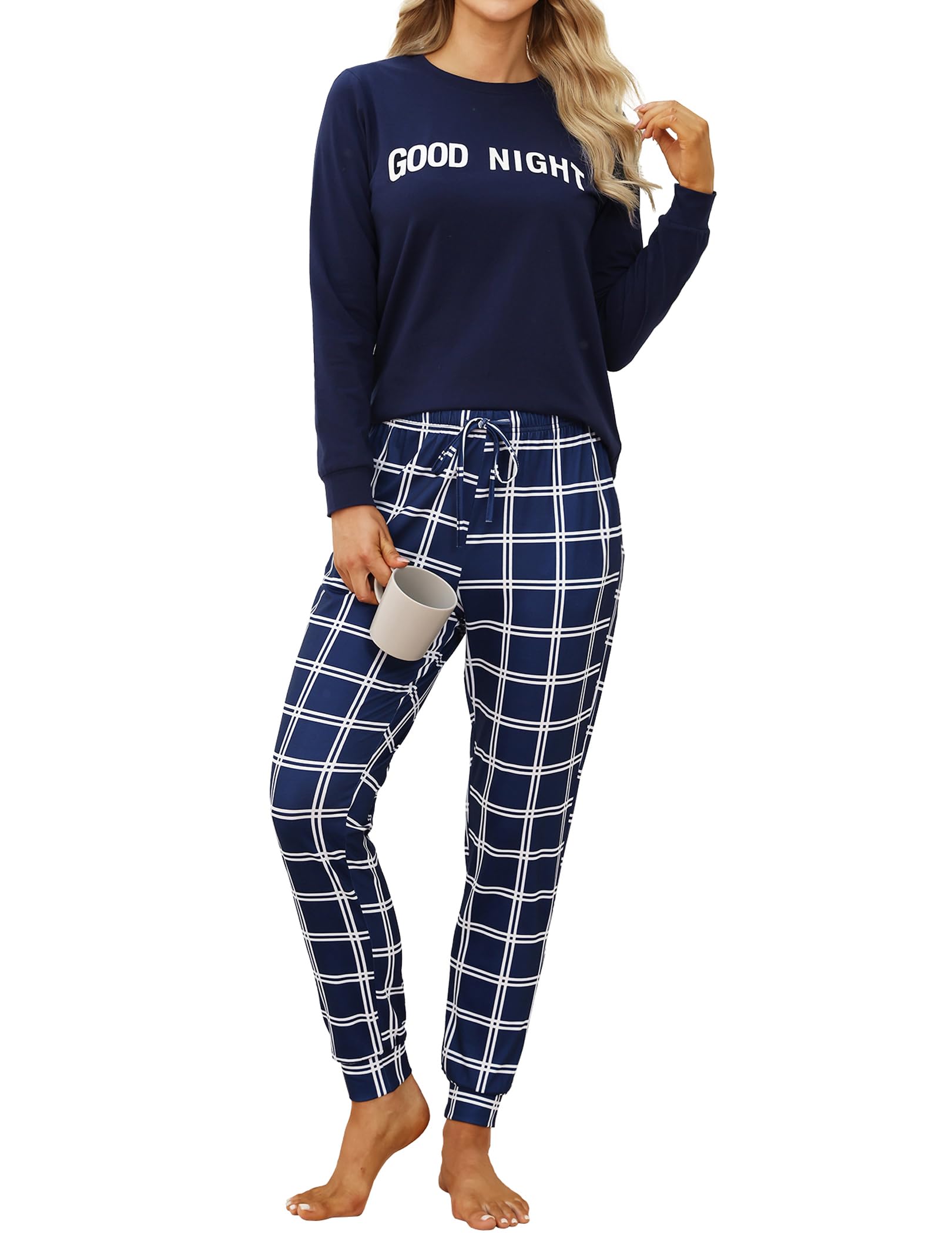 Pajamas for Women Set Cotton Long Sleeve Check Pants Womens Pjs Sets Soft Casual Womens Sleepwear with Pockets