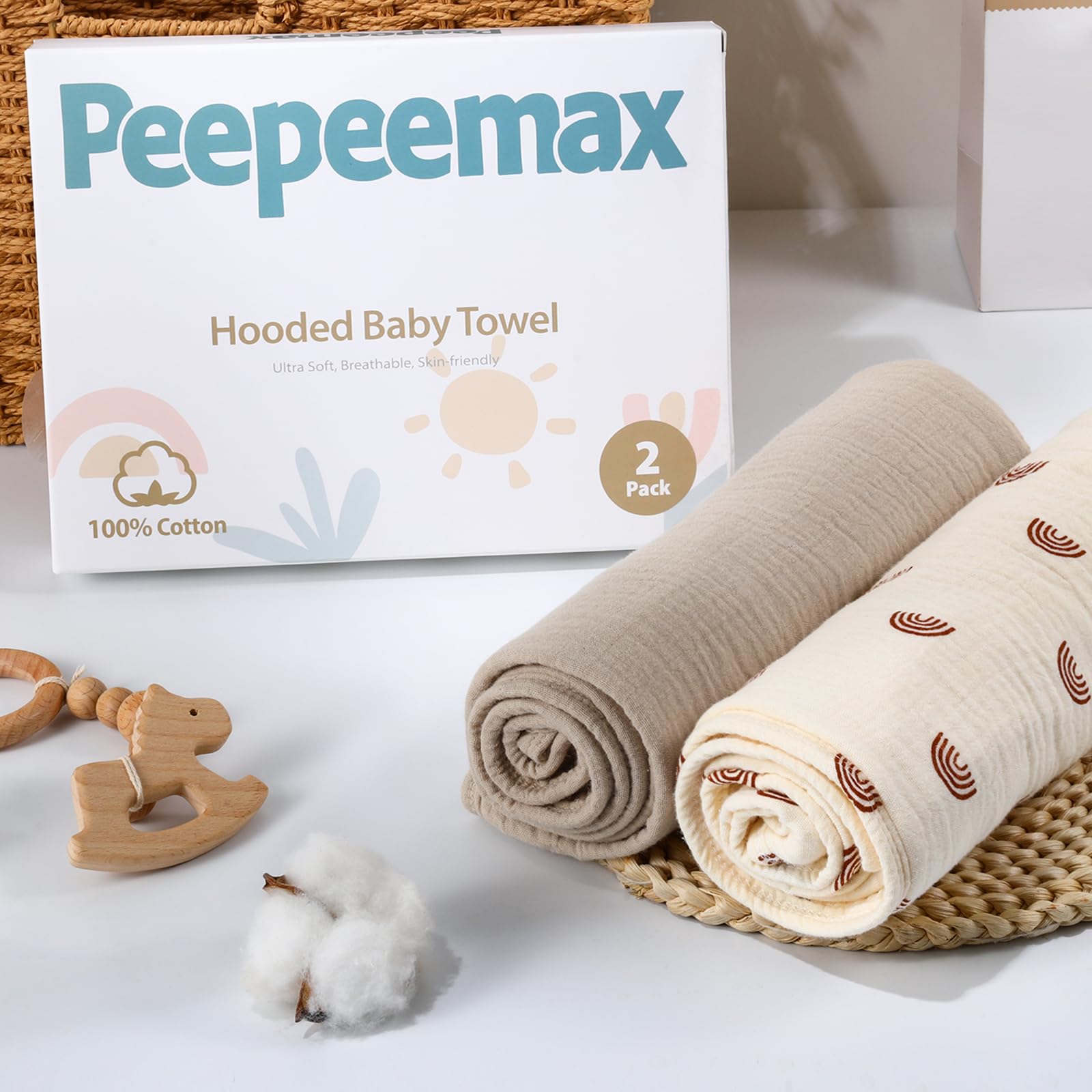Serviette de Bain avec Capuche Bébé 76 x 76 cm, Cape de Bain Bébé à Capuche en Mousseline de Coton, Douce et Absorbante Sortie de Bain pour Bébés de 0 à 18 Mois, Lot de 2 (Arc-en-Ciel)