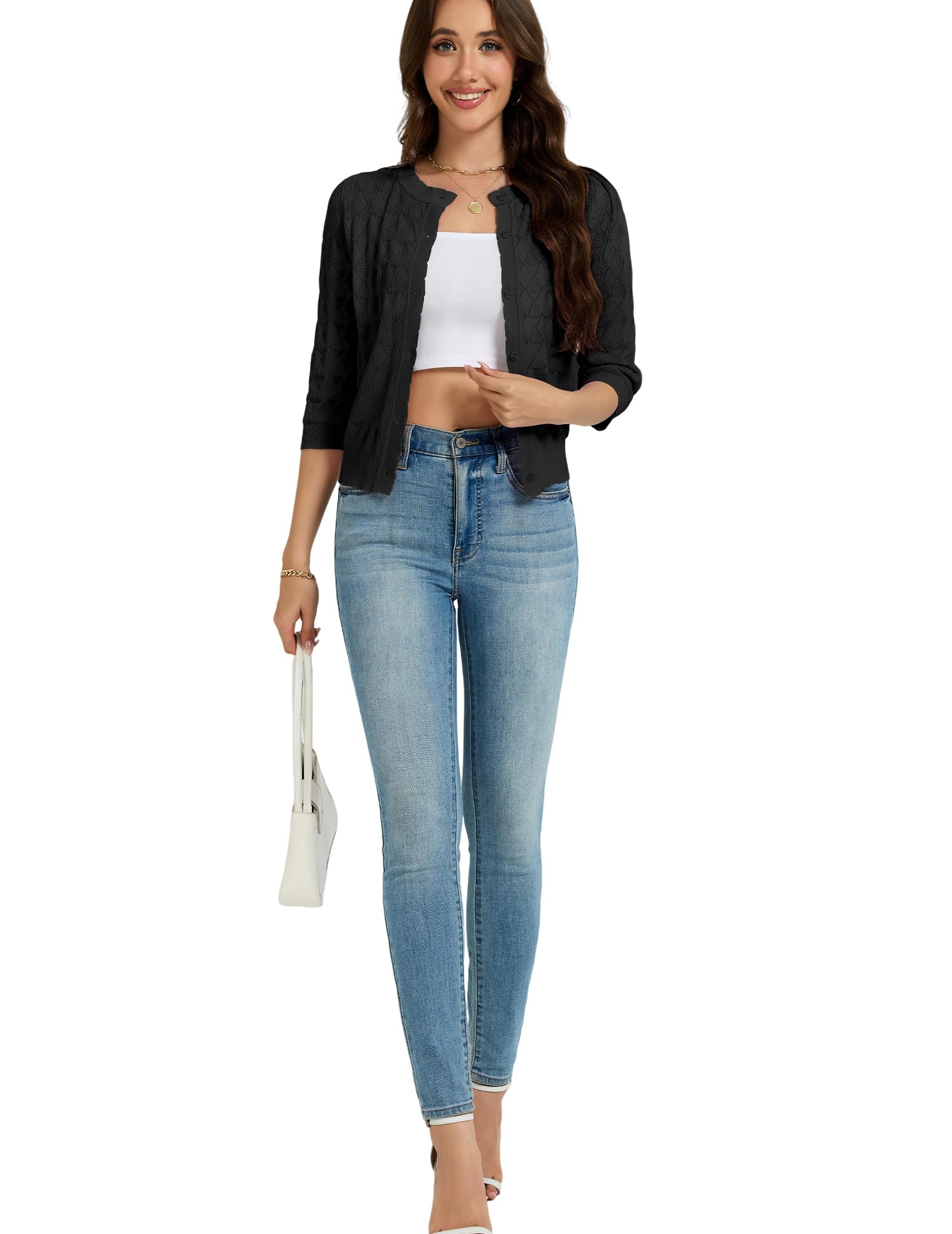 Boléro Femme Cardigan Court Gilet Veste Tricot 3/4 Manches Évidée Robe T Shirt Bretelle Chic Rétro Elégante Soirée Fête Décontracté