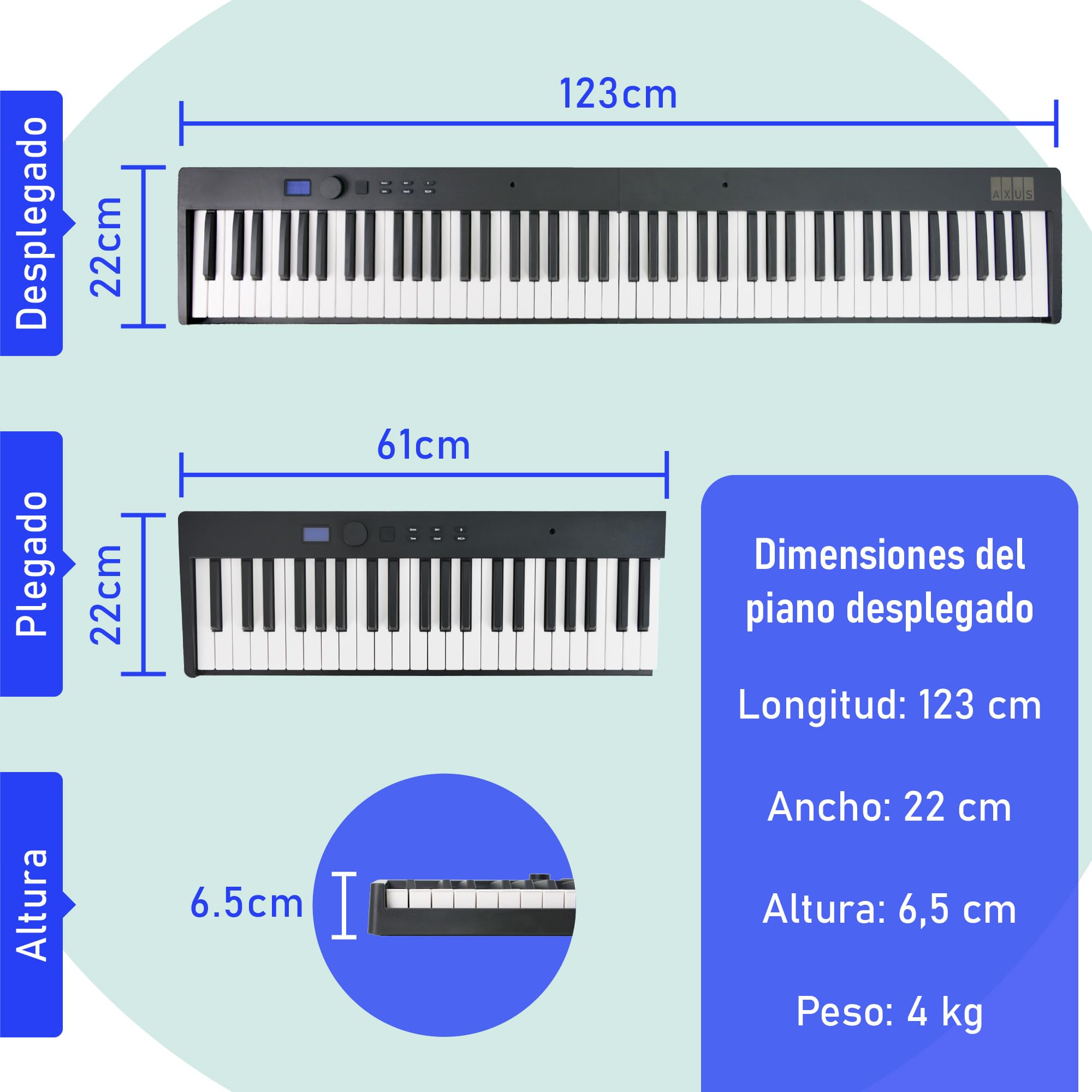 Axus Teclado De Piano Digital Plegable Portátil De 88 Teclas, Teclas Semipesadas De Tamaño Completo, Pedal De Sostenido, Batería Recargable - Negro