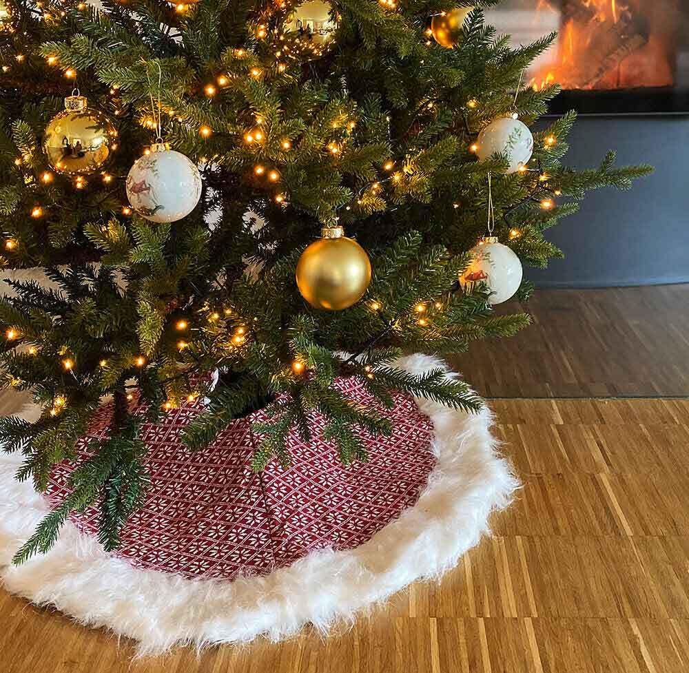 Christbaumständer Abdeckung Weihnachtsbaum Decke Rot Weiß Schneeflocke Ø90 cm – Stoff Baumdecke zum Verdecken des Baumständers – Weihnachtsdeko & Bodenschutz Küche, Haushalt & Wohnen